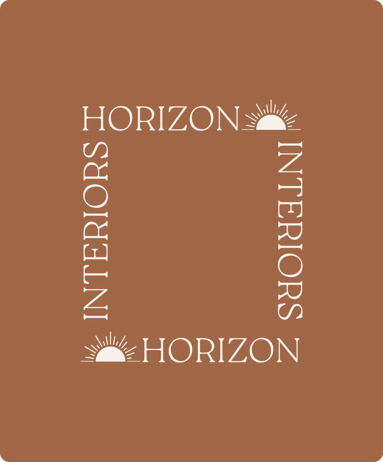 Stylized logo with the words HORIZON and INTERIORS arranged in a square, featuring sun icons on a brown background.