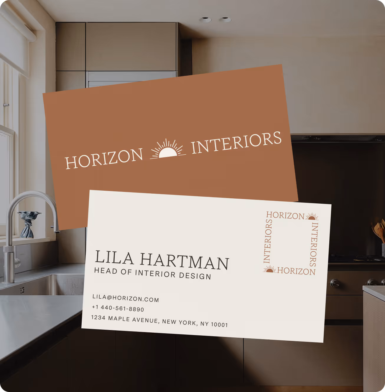 Two business cards for Horizon Interiors, one brown with a sun logo and white text, the other white with contact details for Lila Hartman, Head of Interior Design.
