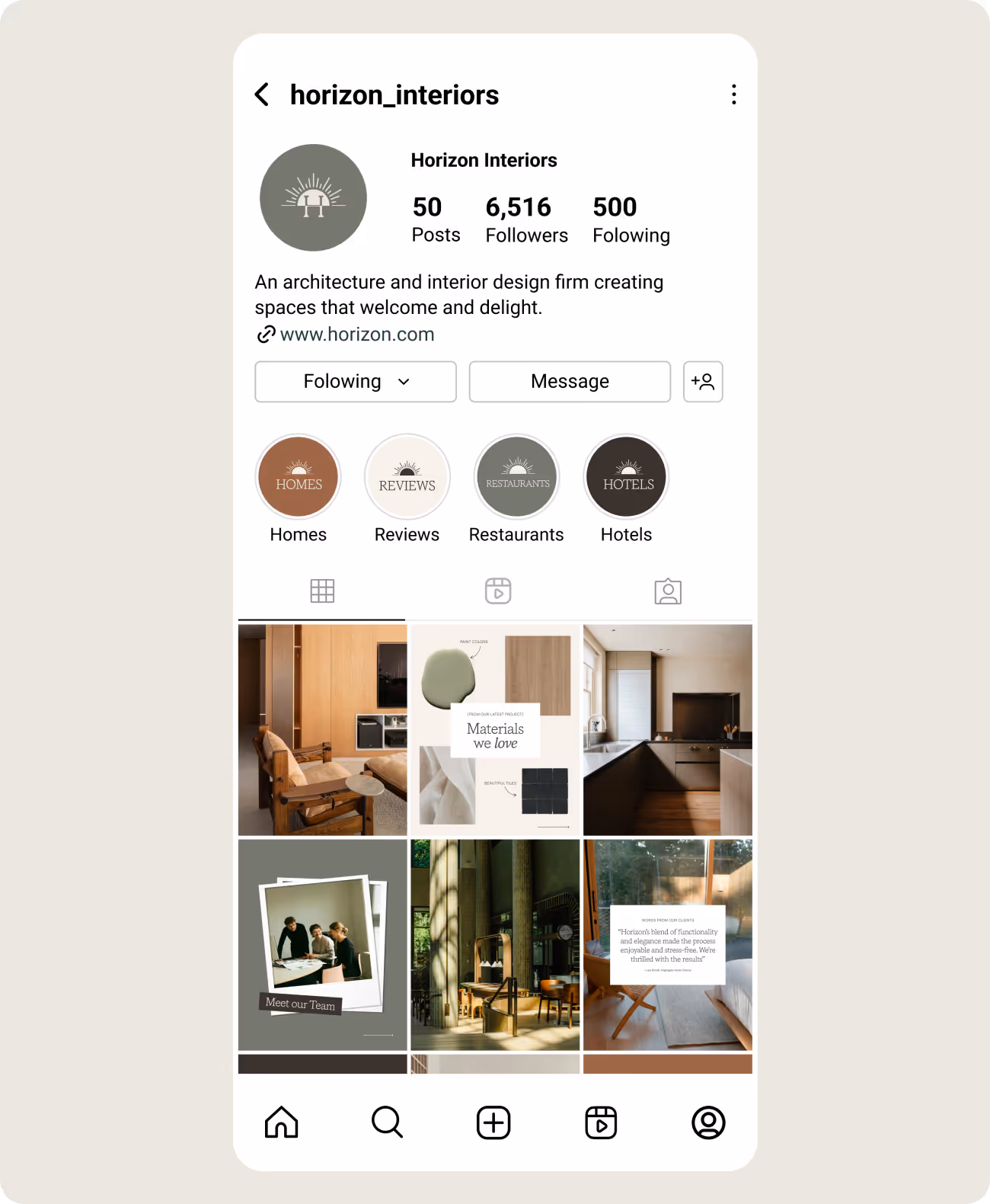 Instagram profile of Horizon Interiors showing 50 posts, 6,516 followers, and 500 following with categories for Homes, Reviews, Restaurants, and Hotels, featuring interior design images and a team photo.