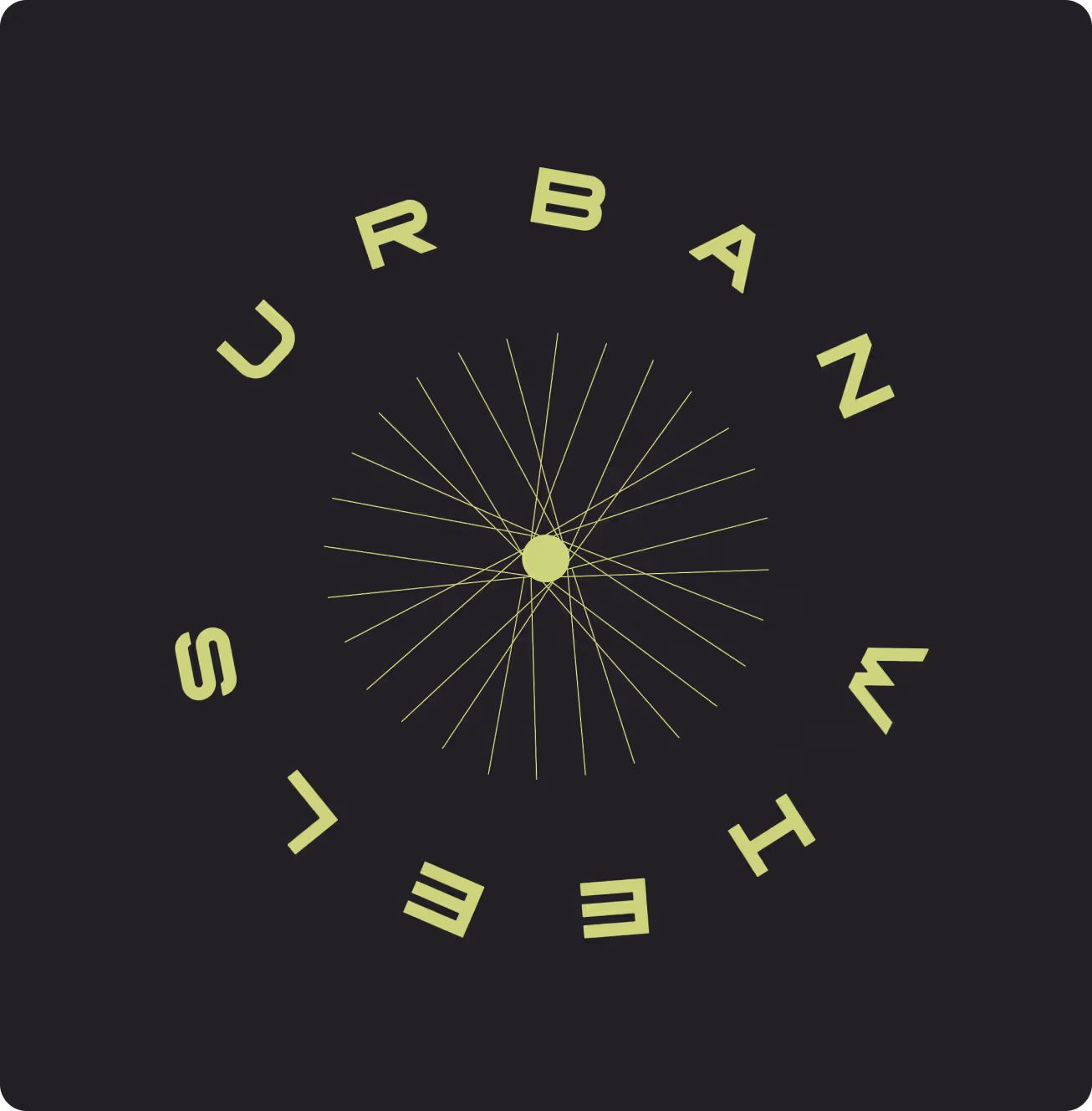 Abstract green geometric design resembling a bicycle wheel with the words 'URBAN WHEELS' arranged in a circle around it on a black background.