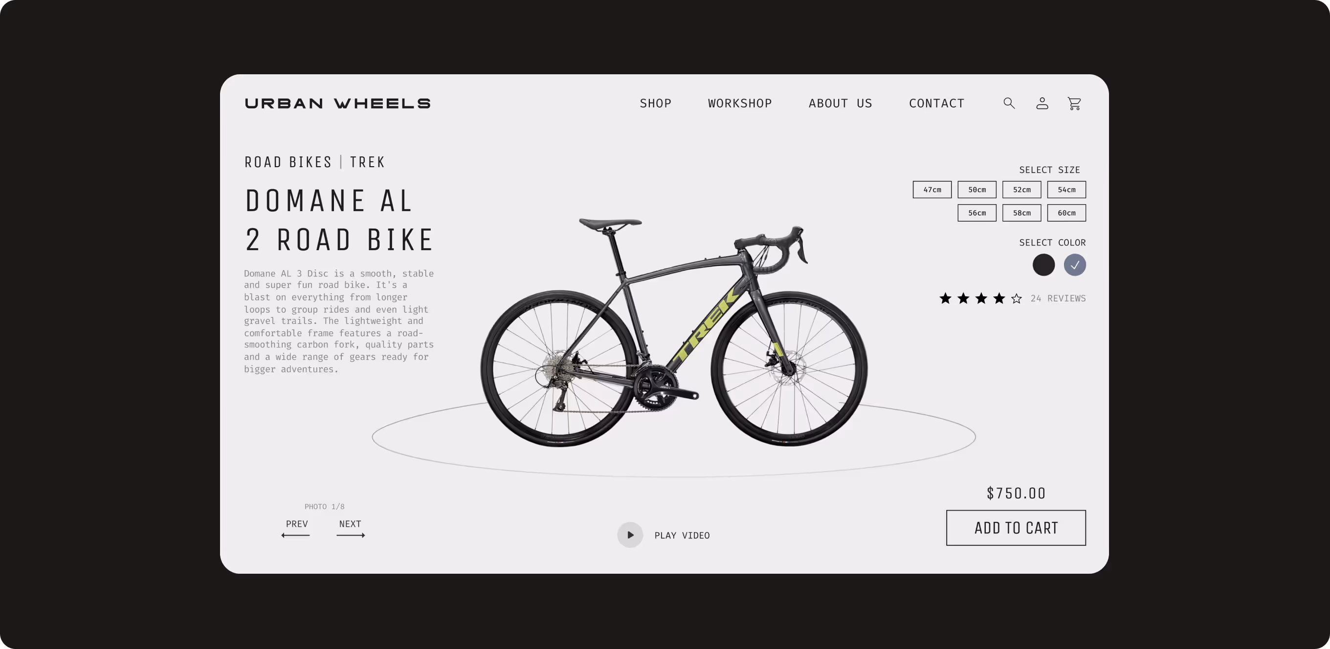 Product page for Trek Domane AL 2 road bike showing size options, color selection, price $750, and add to cart button.