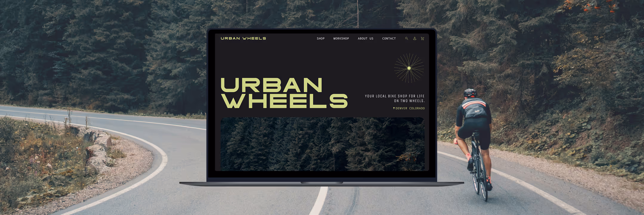 Cyclist riding on a winding forest road with a laptop screen in the foreground displaying the Urban Wheels bike shop website.