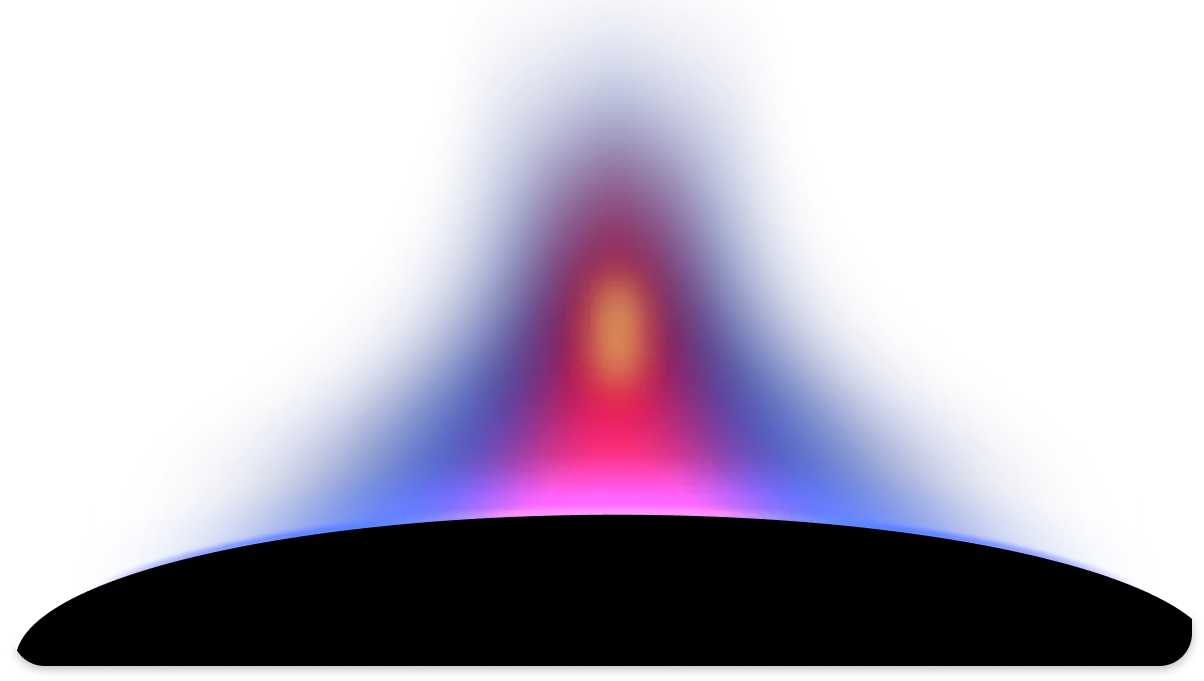 Abstract glowing shape with a central yellow-orange core surrounded by red, blending outward into blue hues, resembling a radiant light or energy source on a black background.