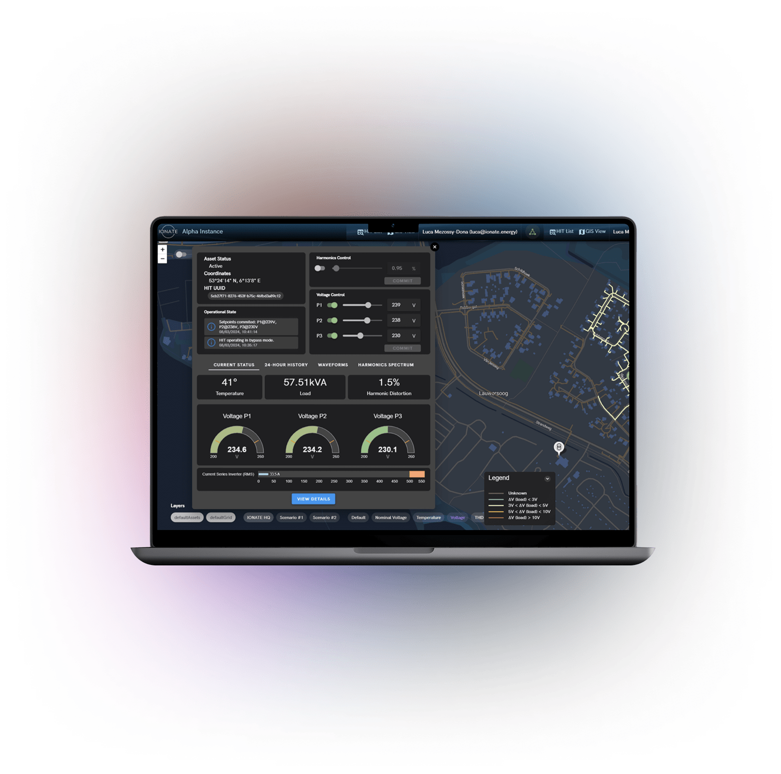 Laptop displaying energy monitoring software with voltage controls, current status, and a map of a neighborhood with labeled legend.