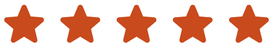 Vijf oranje sterren op een witte achtergrond, in een rij geplaatst.
