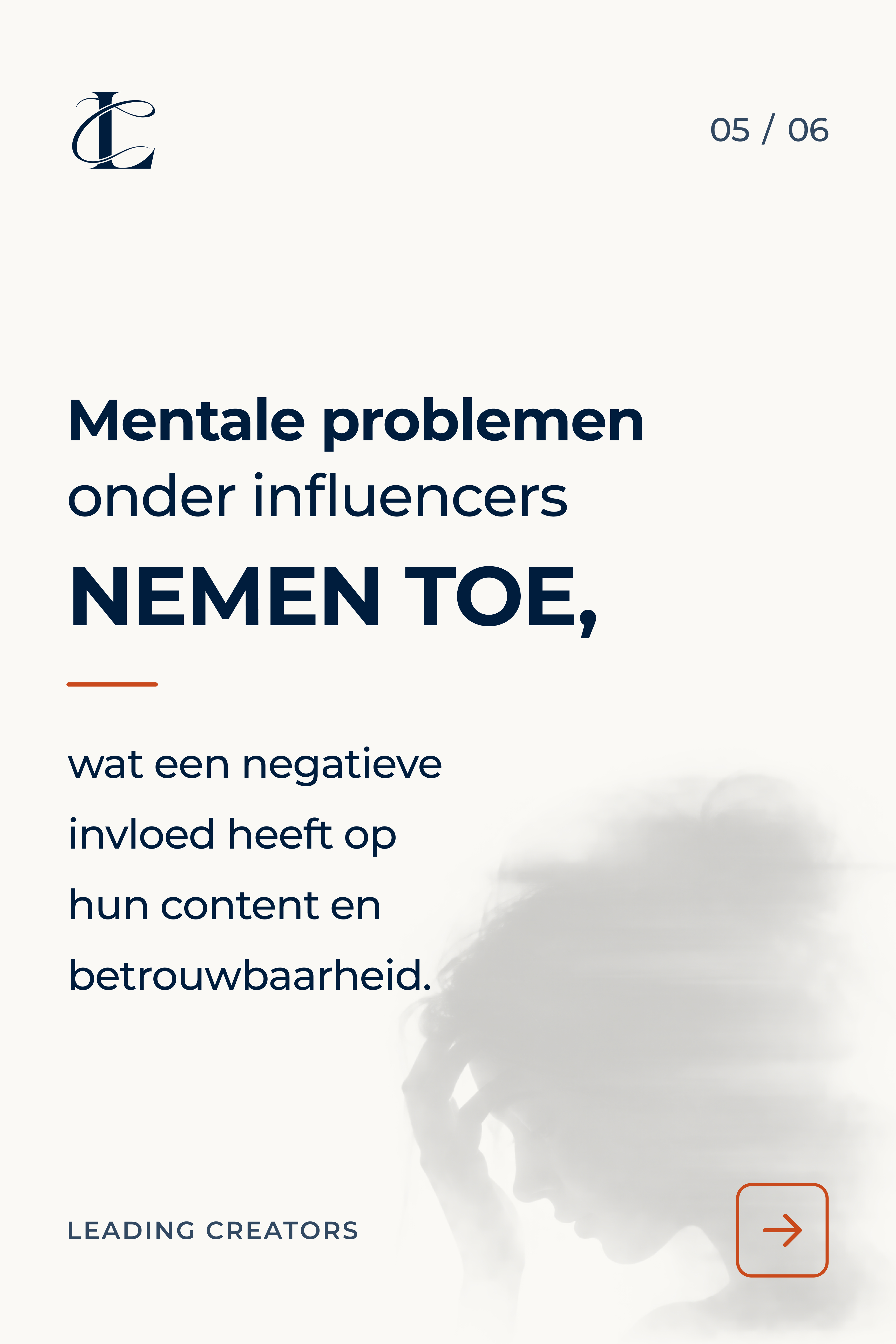 Tekst over toenemende mentale problemen onder influencers met wazig hoofd met hand op voorhoofd.