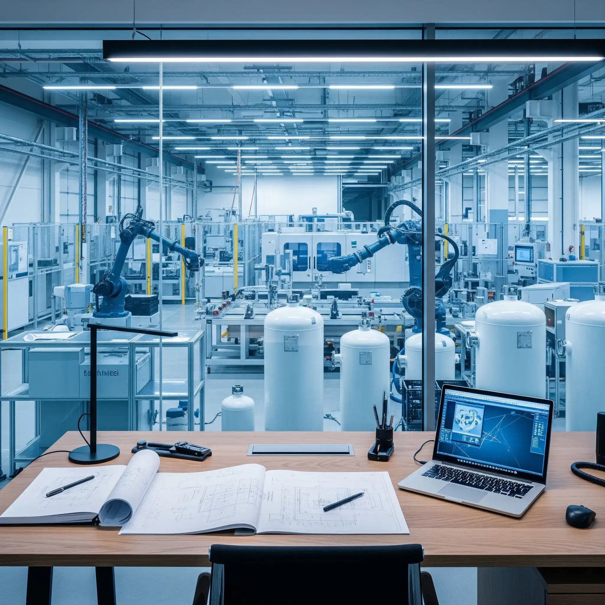 Engineering workspace with technical drawings, laptop showing design software, and robotic arms in a modern factory visible through glass partition.