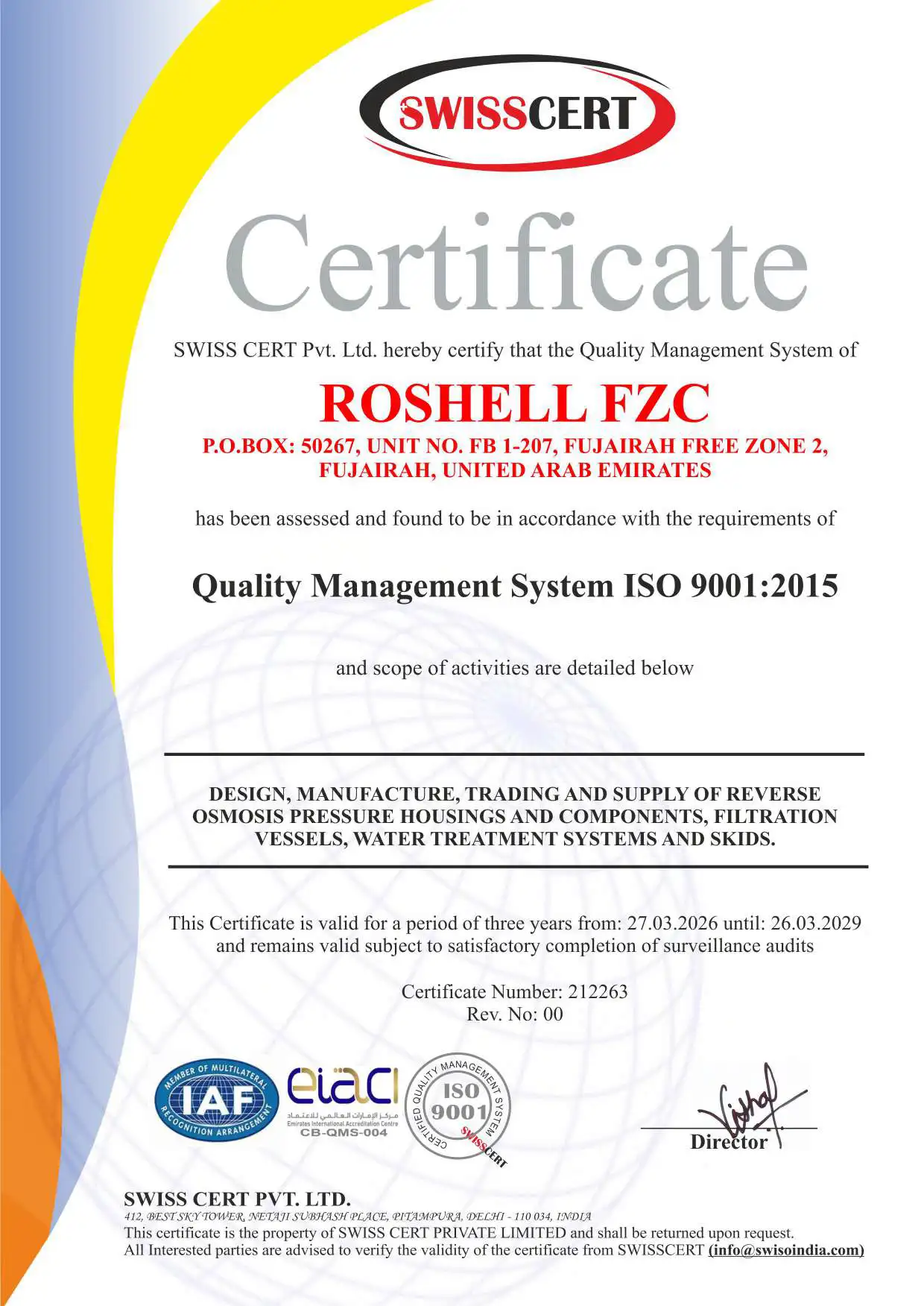 Certificate from SWISS CERT Pvt. Ltd. certifying ROSHELL FZC in Fujairah, UAE for Quality Management System ISO 9001:2015, valid from March 27, 2026 to March 26, 2029, for design, manufacture, trading, and supply of reverse osmosis pressure housings and water treatment systems.