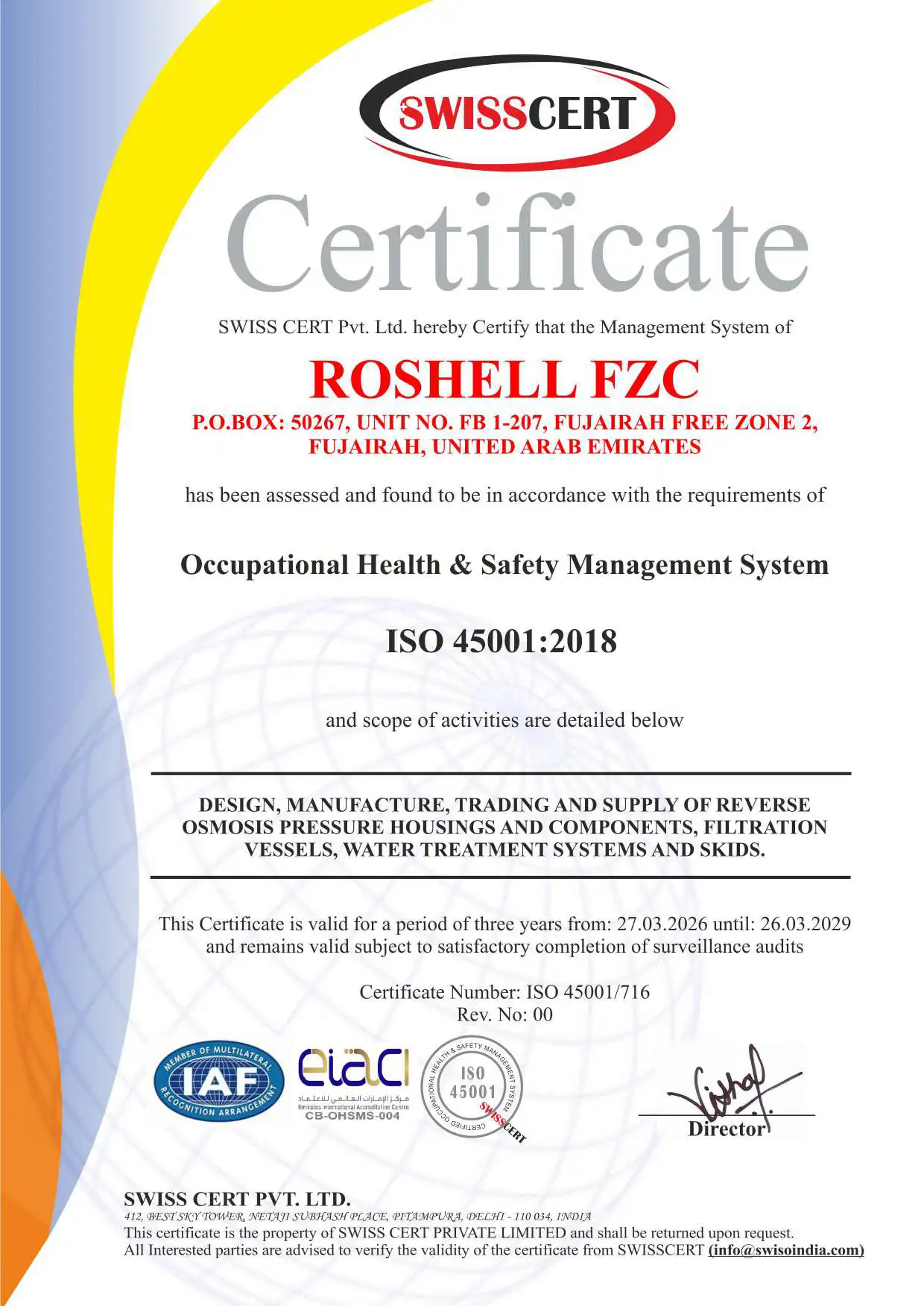 Certificate from SWISS CERT Pvt. Ltd. certifying ROSHELL FZC in Fujairah, UAE, for ISO 45001:2018 Occupational Health & Safety Management System, valid from March 27, 2026 to March 26, 2029 for design, manufacture, trading and supply of reverse osmosis pressure housings, filtration vessels, water treatment systems and skids.