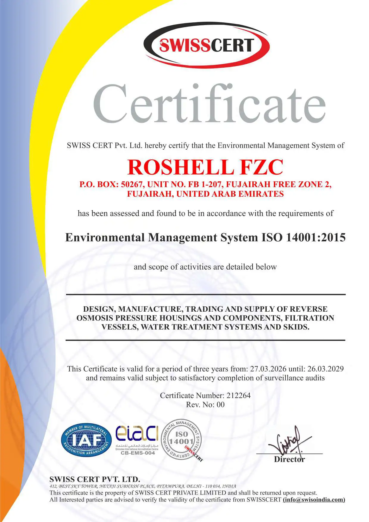 Certificate from SWISS CERT Pvt. Ltd. certifying ROSHELL FZC's Environmental Management System ISO 14001:2015 for design, manufacture, trading, and supply of reverse osmosis pressure housings, filtration vessels, water treatment systems, and skids, valid from March 27, 2026 to March 26, 2029.