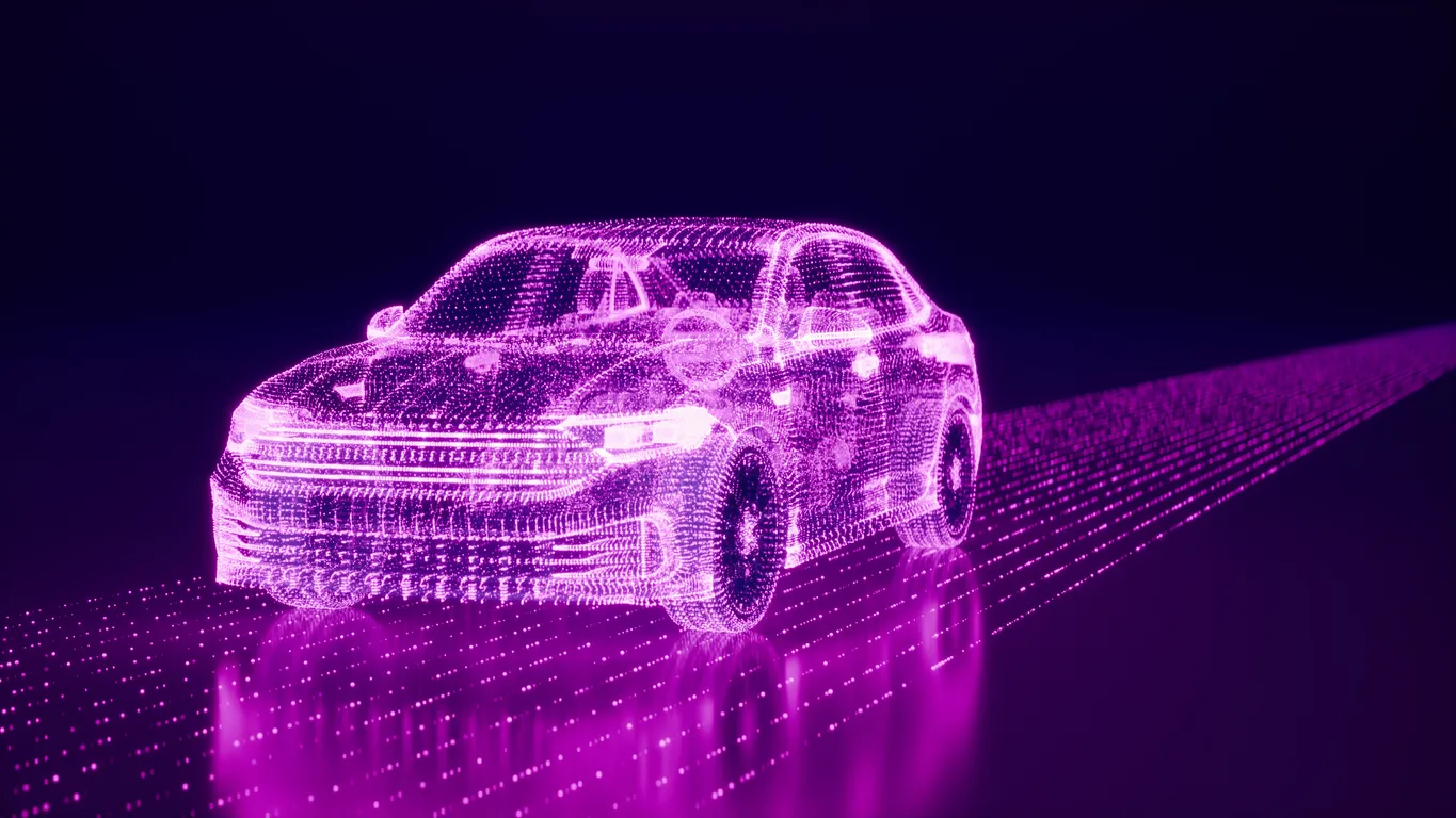 Futuristic digital hologram of a car rendered in glowing purple light, representing automotive innovation, AI, and data-driven vehicle technology.