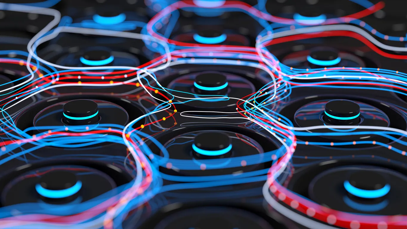 Abstract 3D visualization of electric energy flow across interconnected battery cells, featuring glowing red and blue circuit lines symbolizing power transfer and data communication.