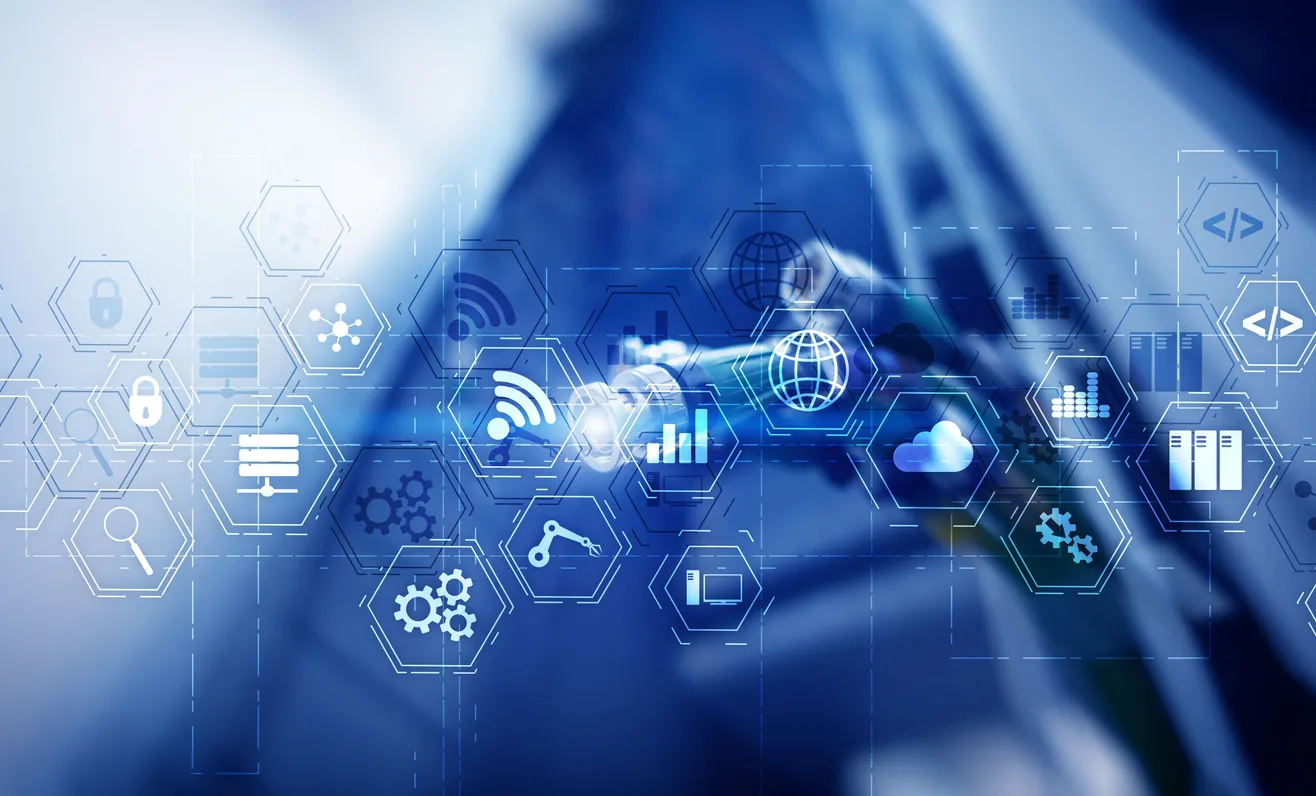 Abstract blue digital interface with interconnected technology icons, including cloud computing, data analytics, networking, and cybersecurity symbols, representing modern IT infrastructure and connectivity.