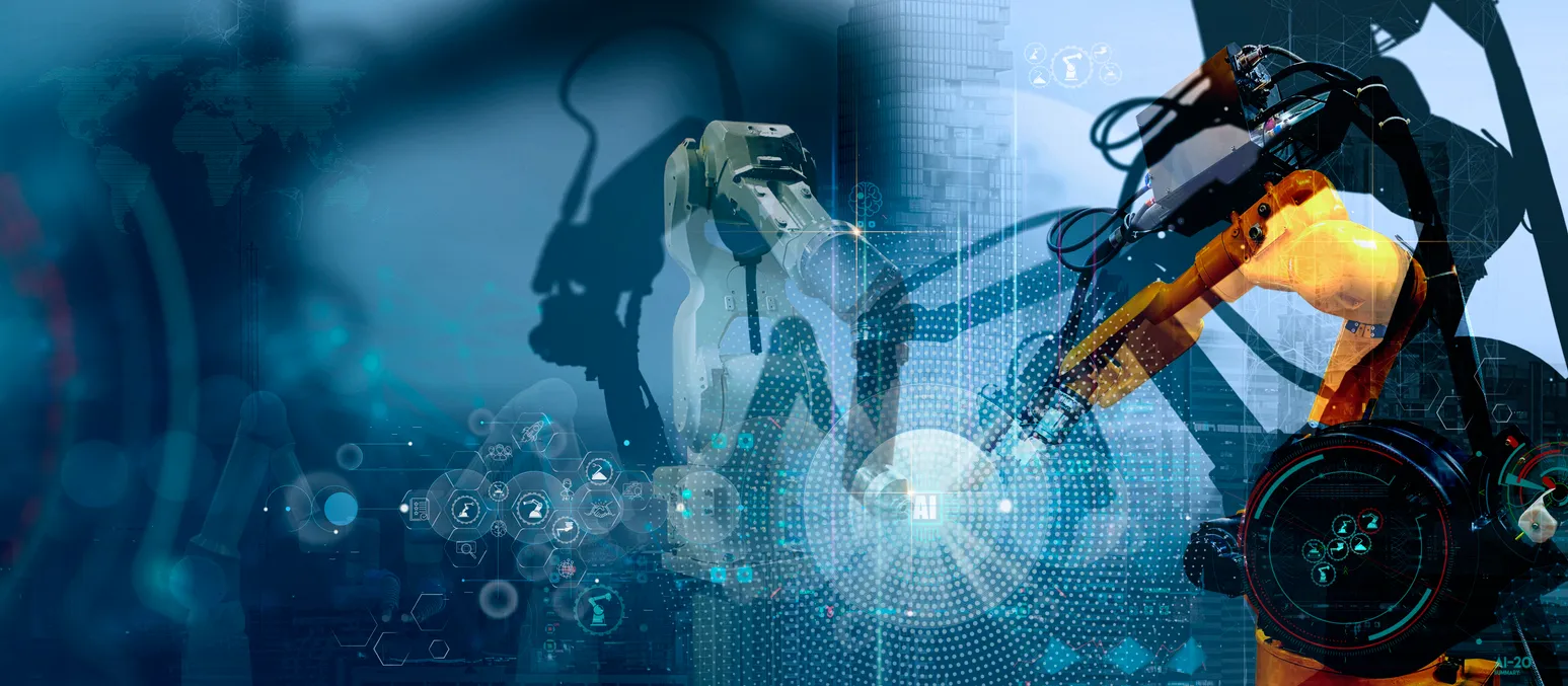 Industrial robotic arms integrated with artificial intelligence technology, overlaid with digital graphics and data symbols representing automation and smart manufacturing systems.