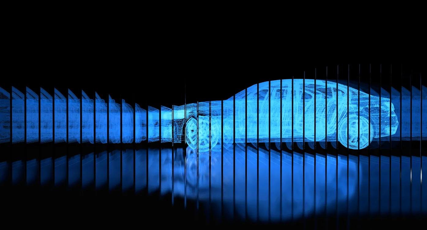 Digital blue wireframe rendering of a car displayed in layered translucent panels, symbolizing data visualization, automotive technology, and virtual design processes.