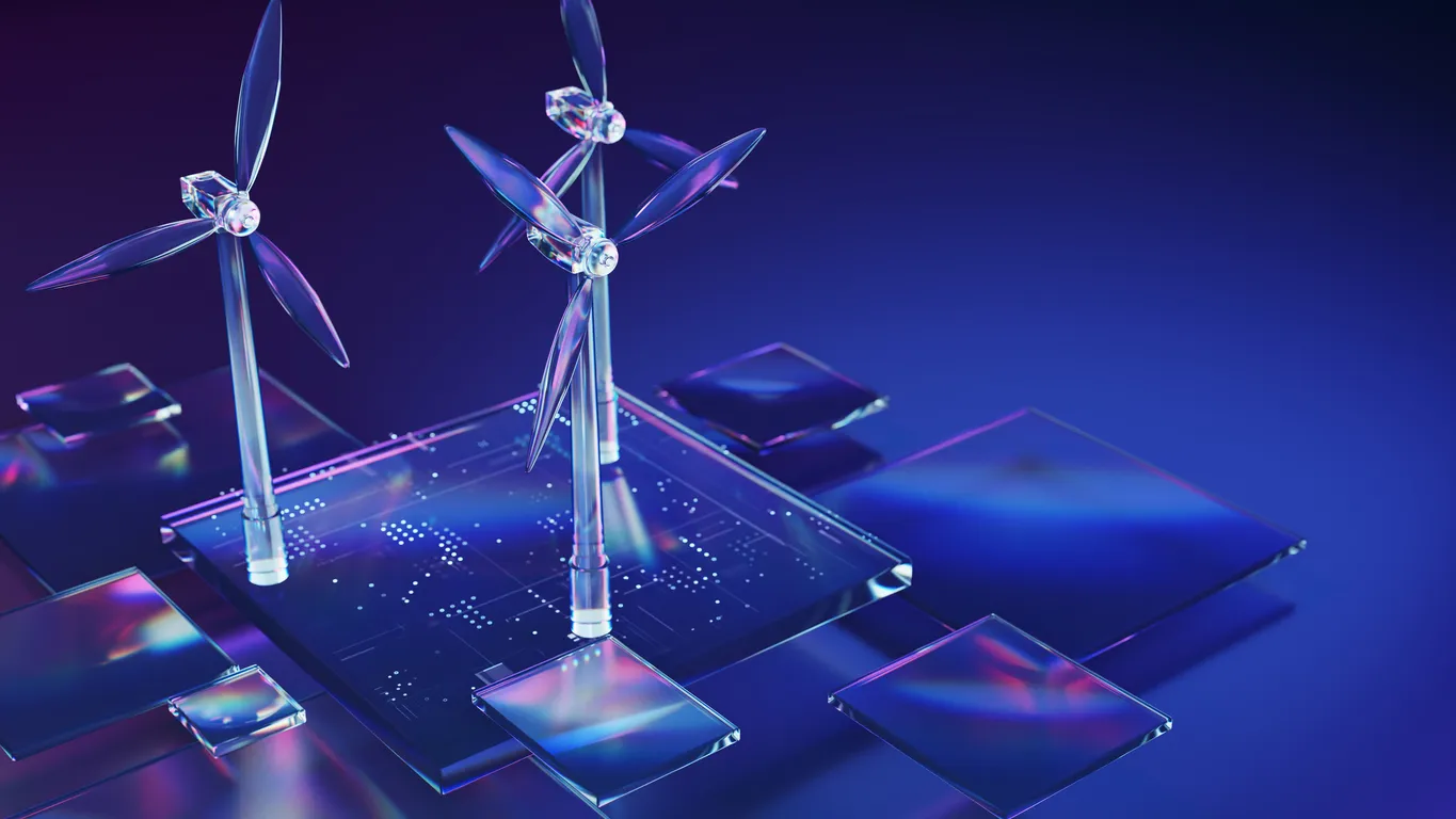 Futuristic 3D illustration of transparent glass wind turbines on a digital platform, symbolizing renewable energy and smart technology integration.