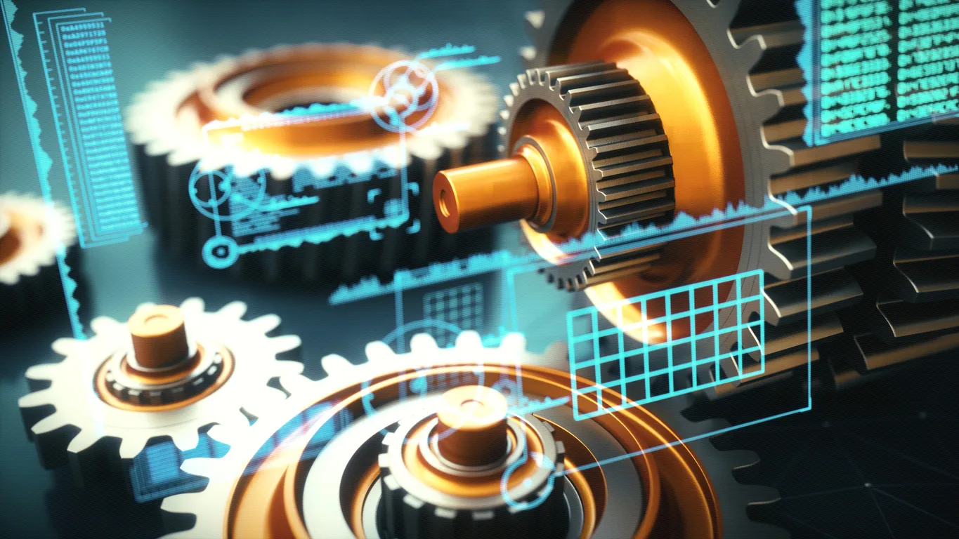 Close-up of metallic gears with digital interface overlays displaying technical data and schematics, symbolizing industrial automation and smart manufacturing systems.