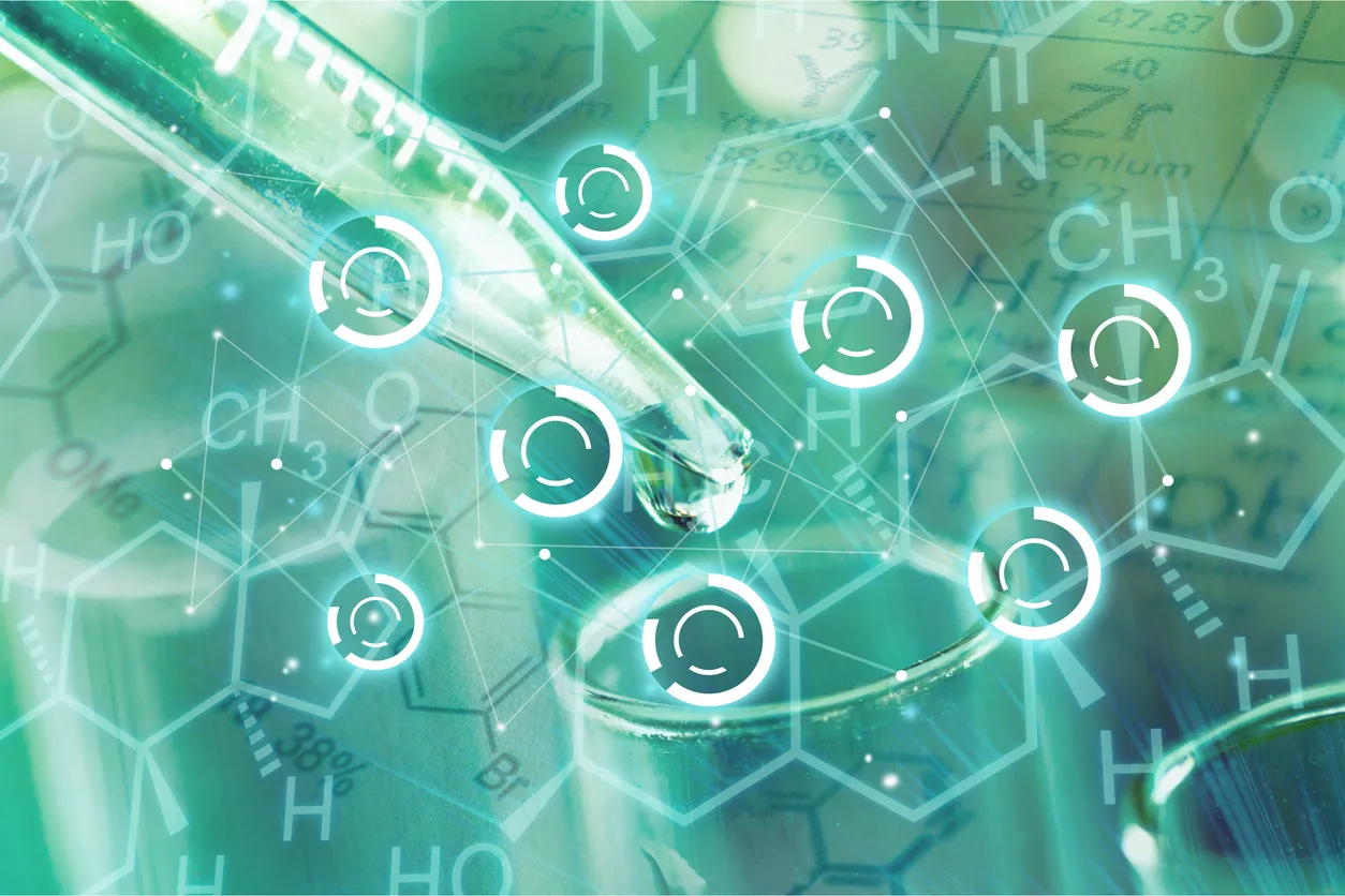 Close-up of a laboratory pipette and test tube with digital chemical structure overlays, symbolizing innovation in chemical research and data-driven scientific analysis.