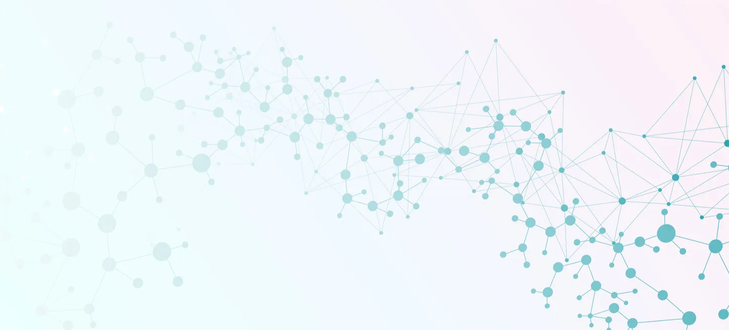 Abstract molecular network pattern with interconnected nodes and lines forming a complex structure on a soft gradient background.