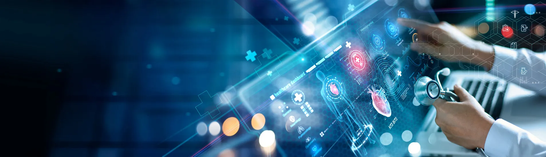 A person interacts with a futuristic digital medical interface, featuring health icons and a stethoscope, symbolizing advanced healthcare technology.