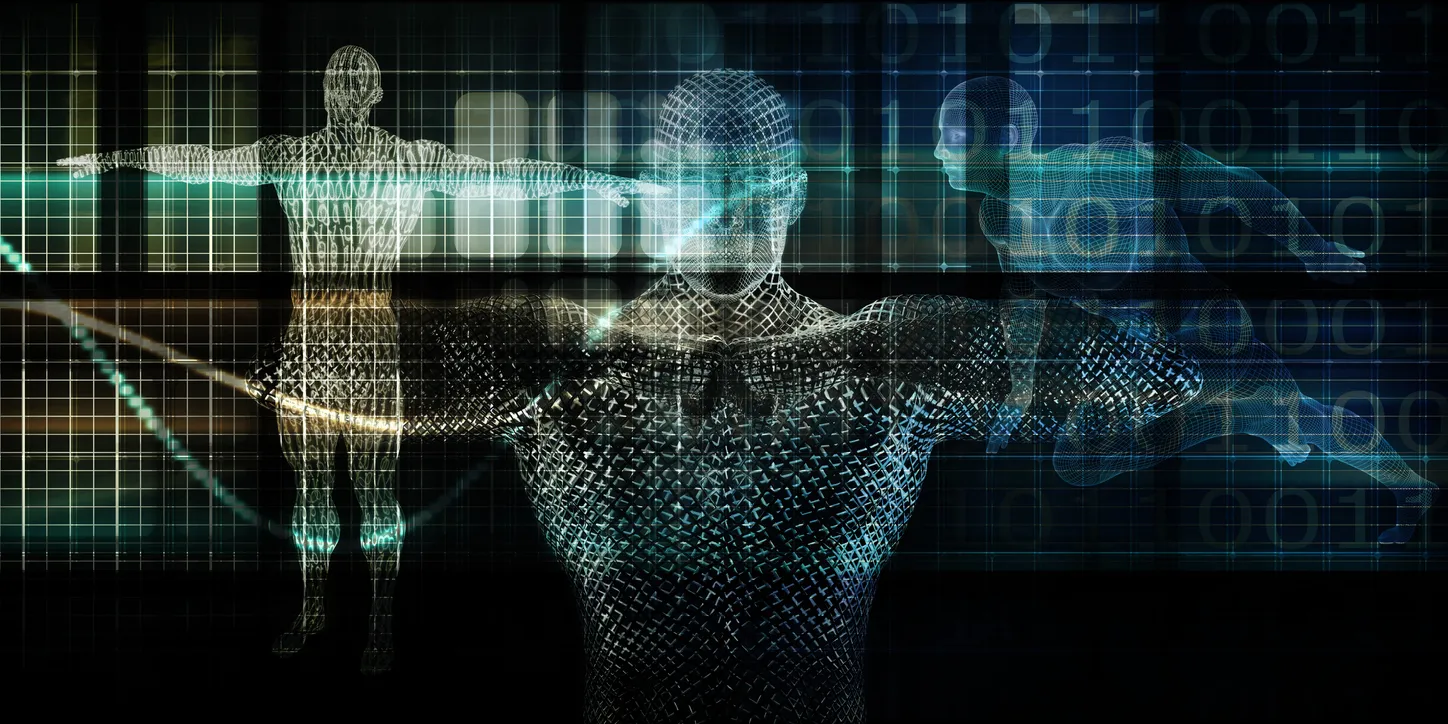 Digital human figures in a grid and binary-coded background, arms outstretched. Futuristic and technological theme with a sense of innovation.