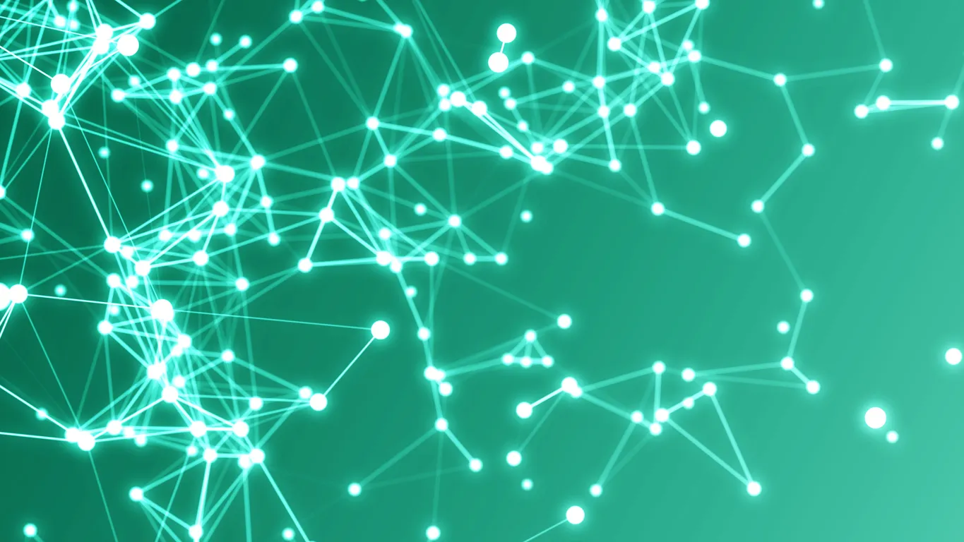 A glowing network pattern of interconnected white dots and lines on a green background, creating a futuristic, digital web effect.