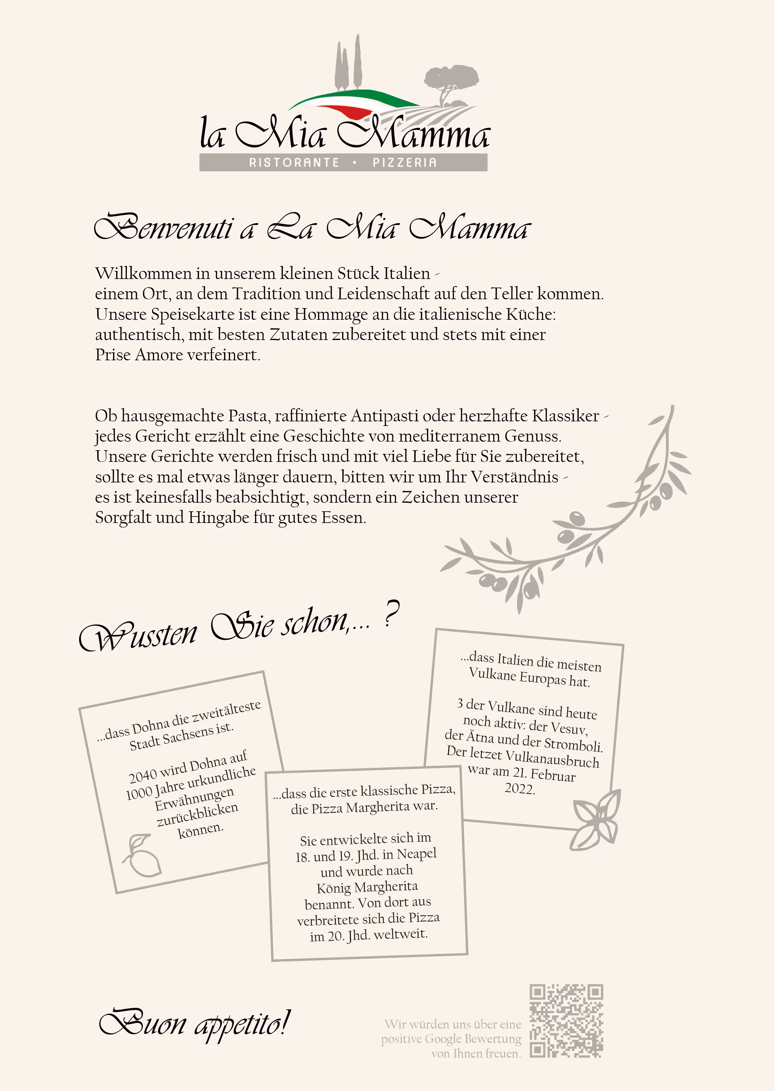 Speisekarte von La Mia Mamma mit Willkommensgruß, Erklärungen zu italienischer Küche und mediterranen Gerichten, sowie Wissenswertes zu Dohna, Pizza Margherita und aktiven Vulkanen in Italien.