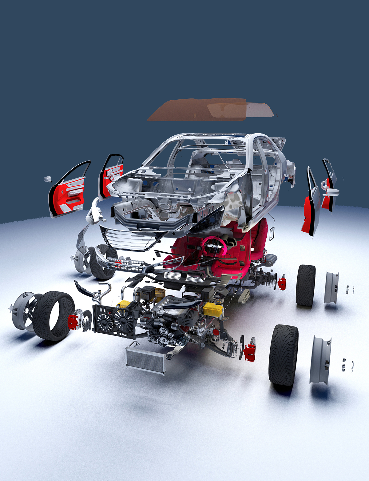 Explosionsdarstellung eines Fahrzeugs zur technischen Schadenanalyse bei Kfz-Gutachten