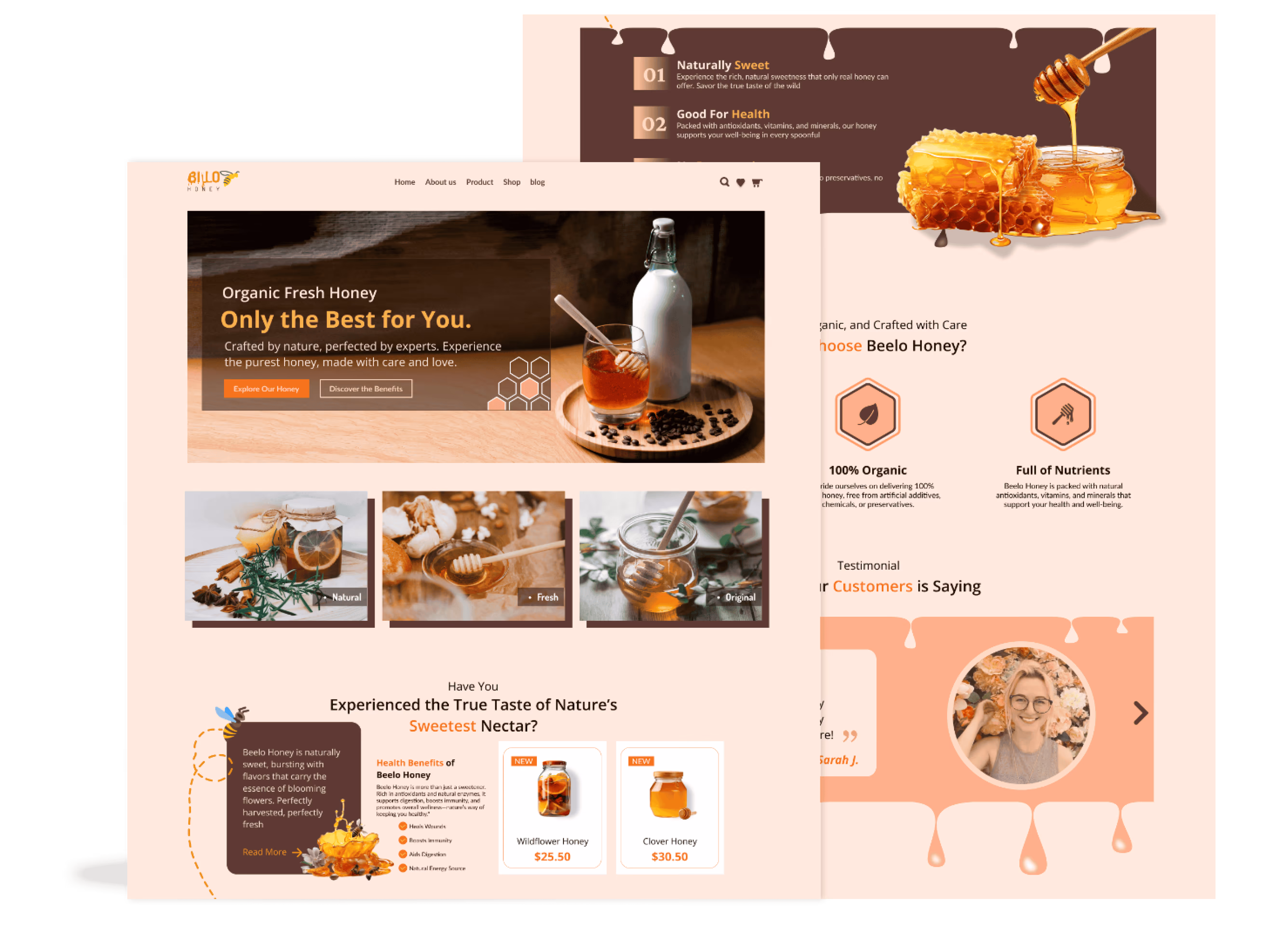 Webpage screenshot for Beelo Honey featuring organic honey products, honey jars with natural elements, product prices for Wildflower and Clover Honey, and customer testimonial section.