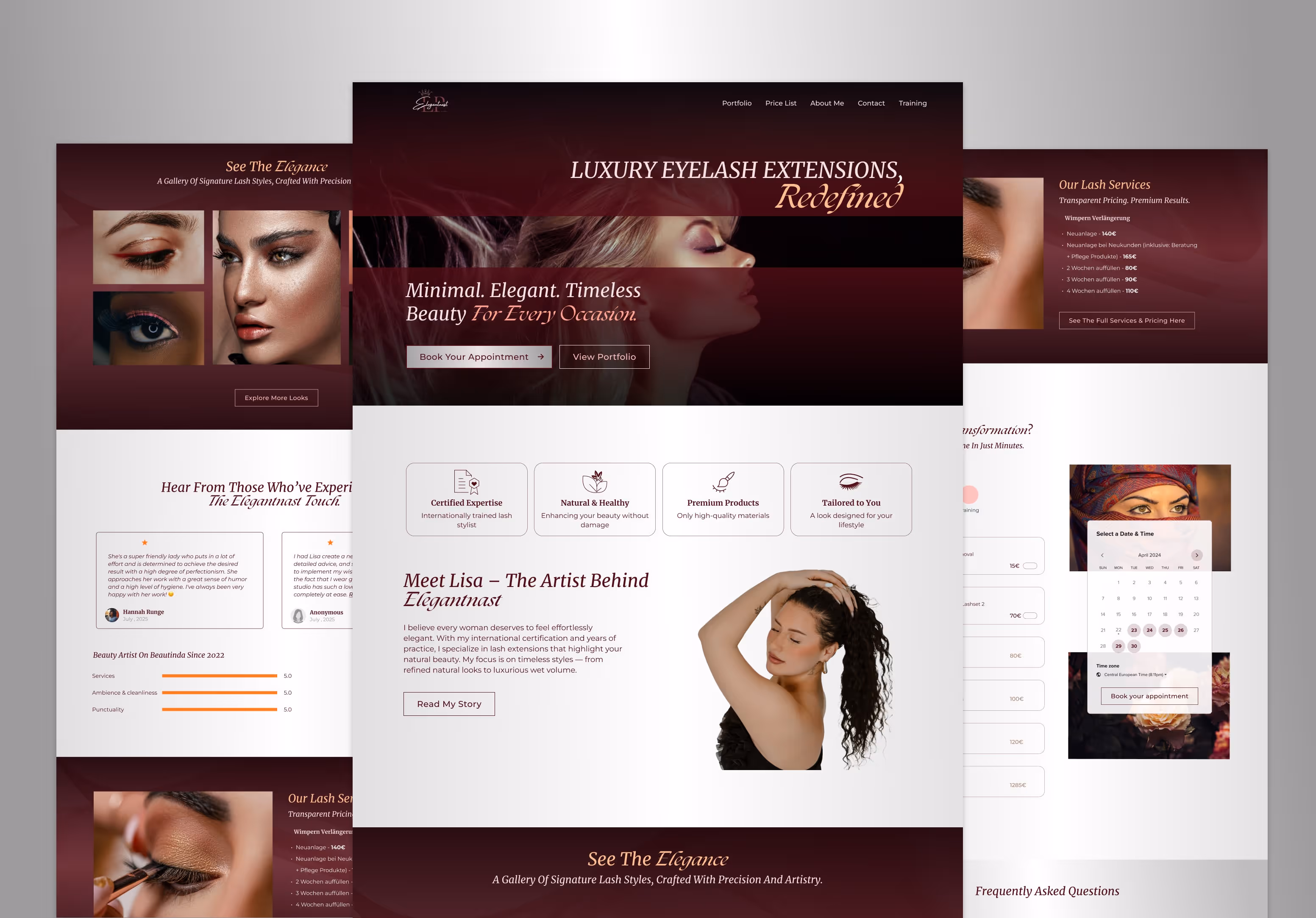Website homepage for luxury eyelash extensions featuring a profile of a woman, sections highlighting certified expertise, natural beauty, premium products, and a lash artist named Lisa.