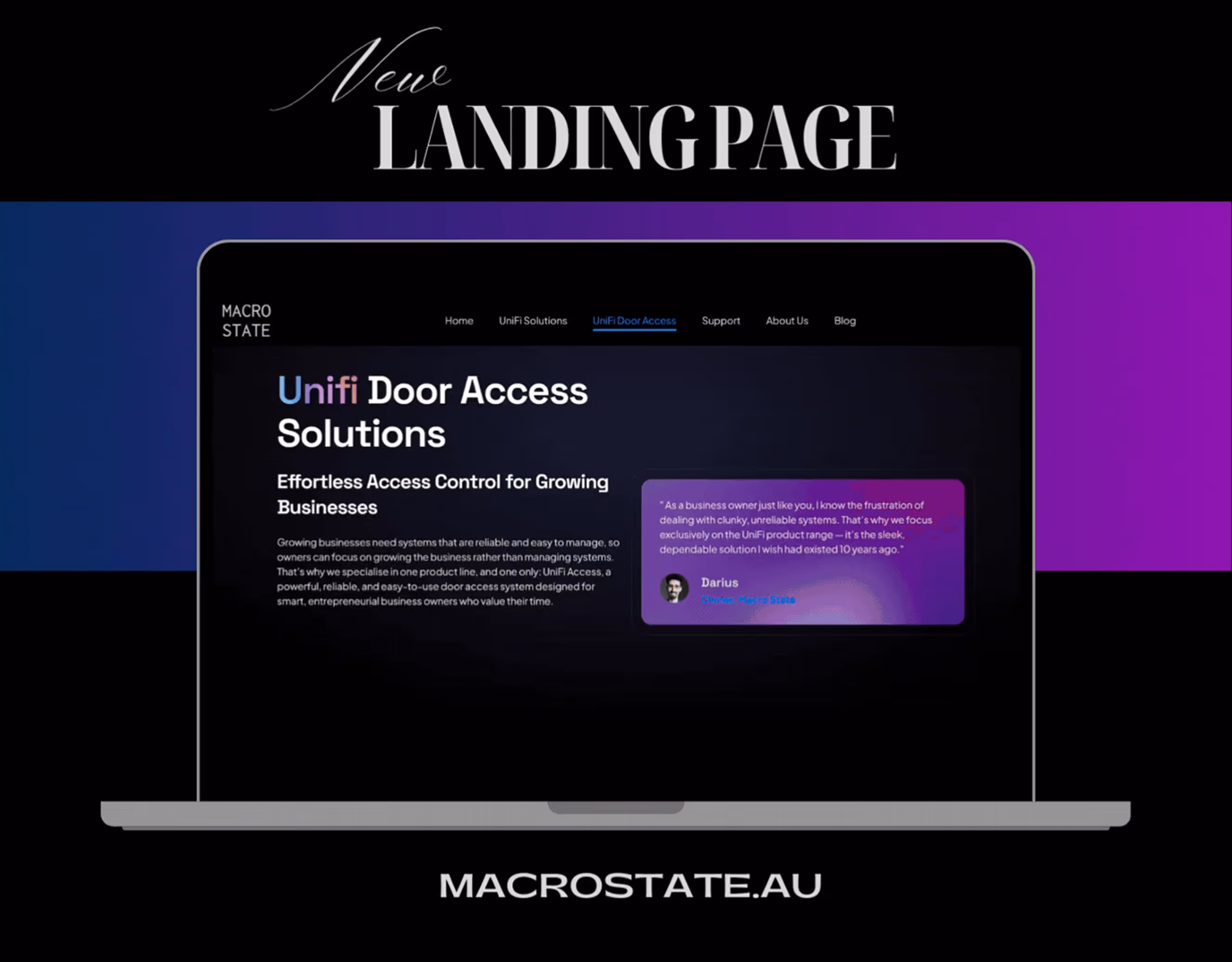 Laptop screen displaying a new landing page for Unifi Door Access Solutions with menu options and a customer testimonial on a purple background.