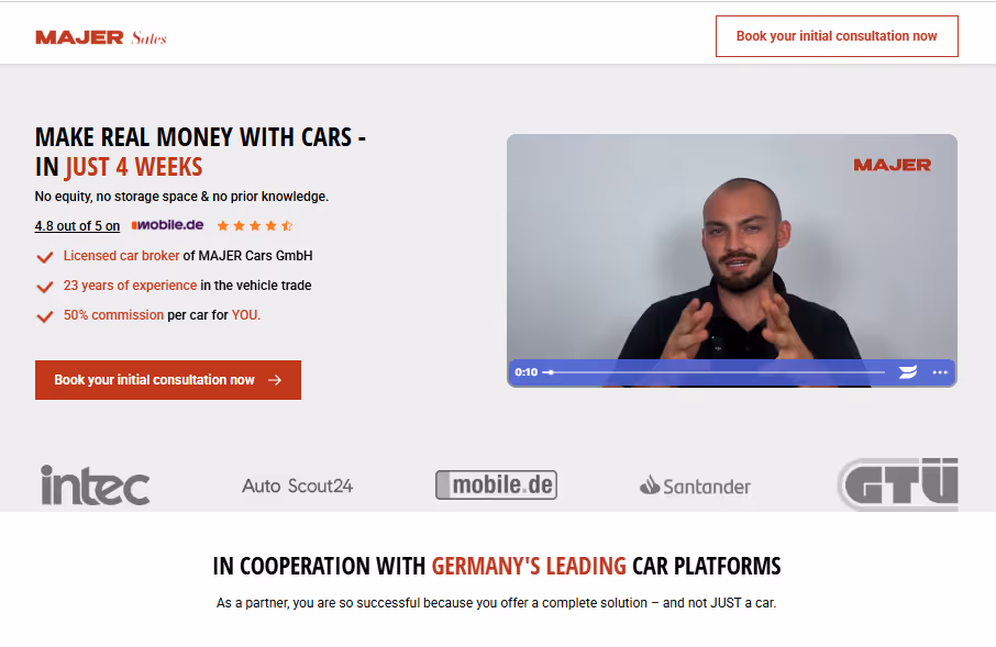 Majer Sales webpage showing offer to make real money with cars in just 4 weeks including 4.8-star rating and benefits, alongside a video of a man explaining and logos of partner platforms.