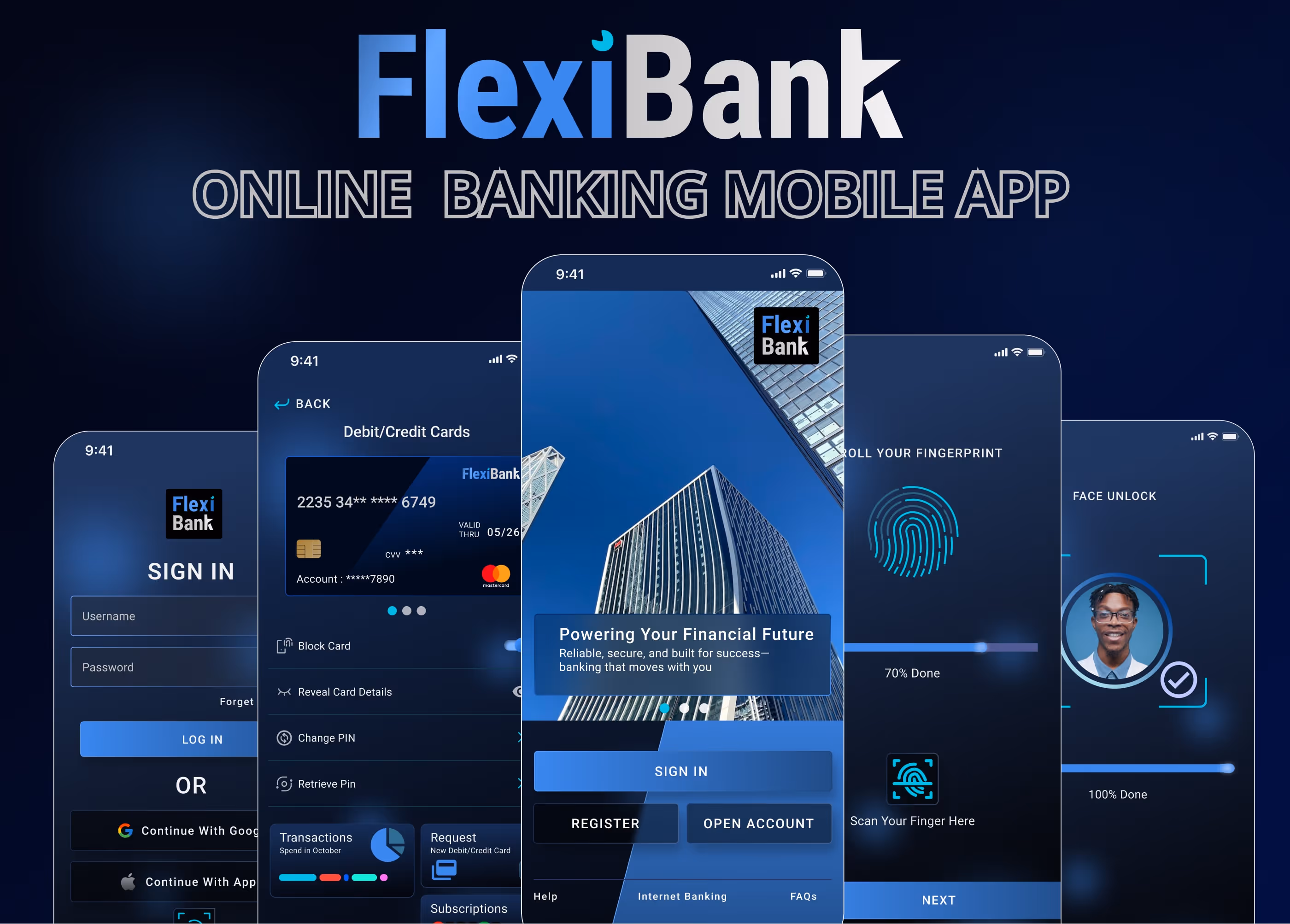 Screens of FlexiBank online banking mobile app showing login, debit card details, home screen with skyscraper, fingerprint scan, and face unlock.