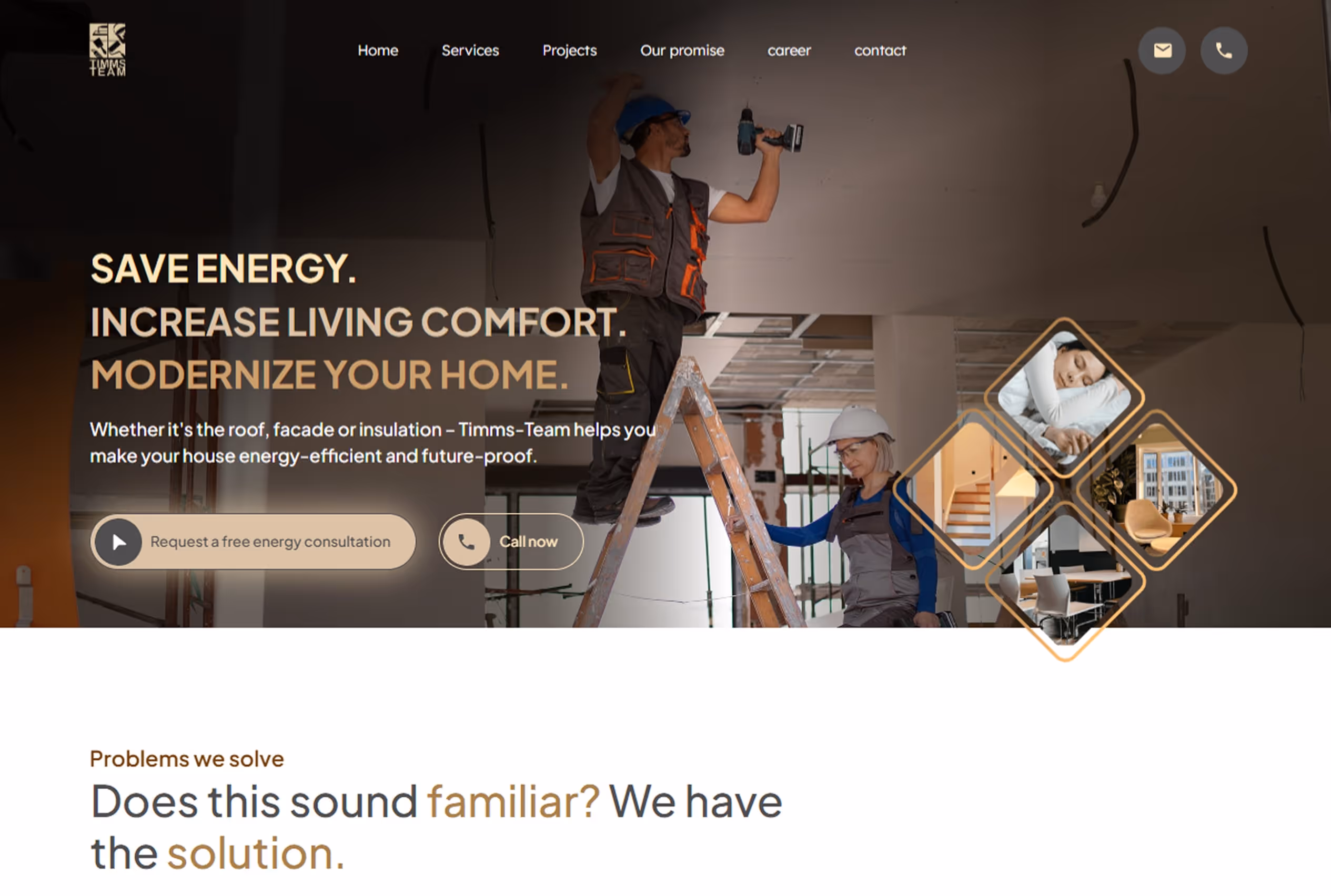 Two construction workers installing a ceiling panel; promotional text about saving energy and modernizing homes.