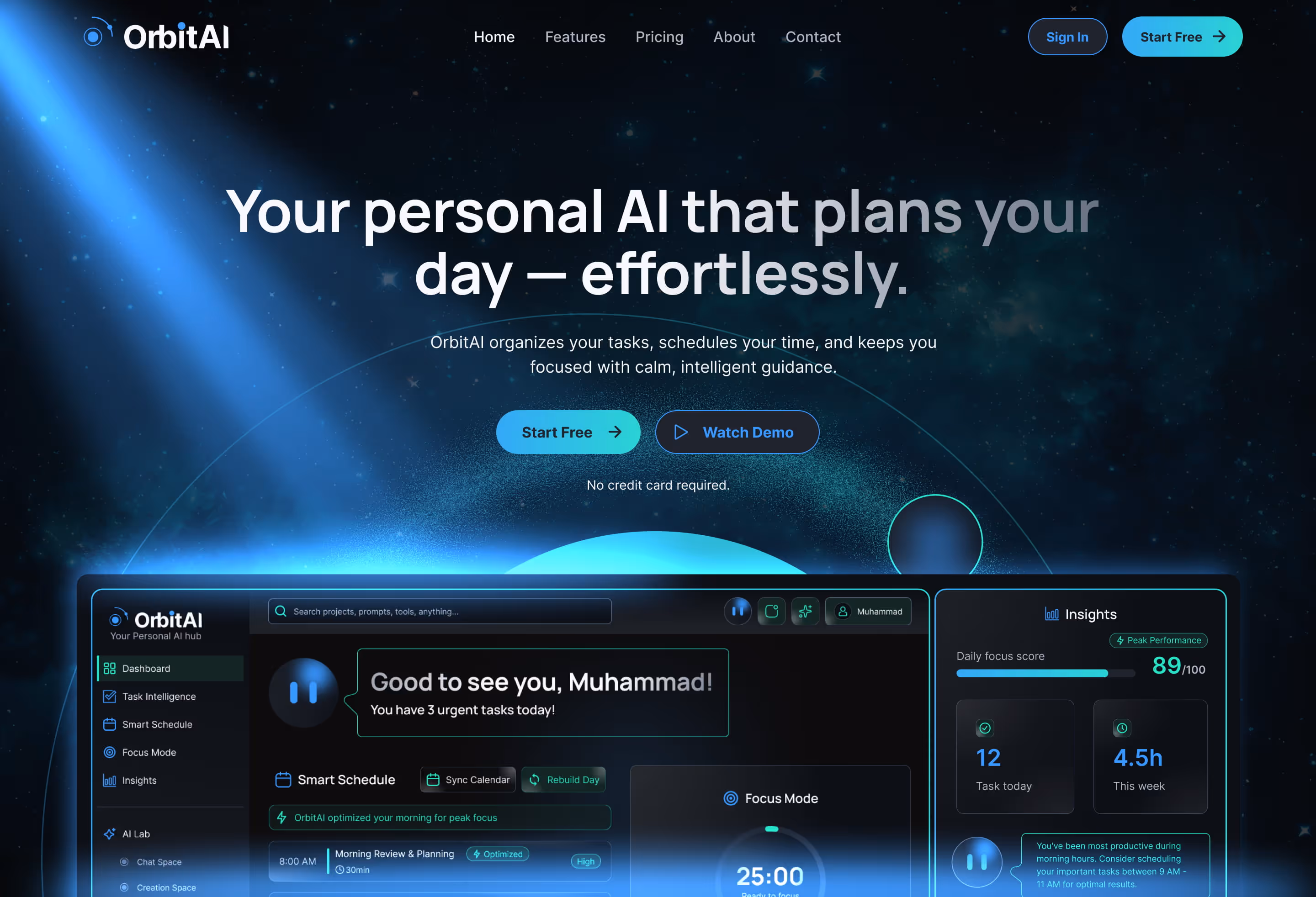 OrbitAI homepage with dark space background, headline stating 'Your personal AI that plans your day effortlessly,' and a dashboard interface showing task scheduling, focus mode timer, and insights.