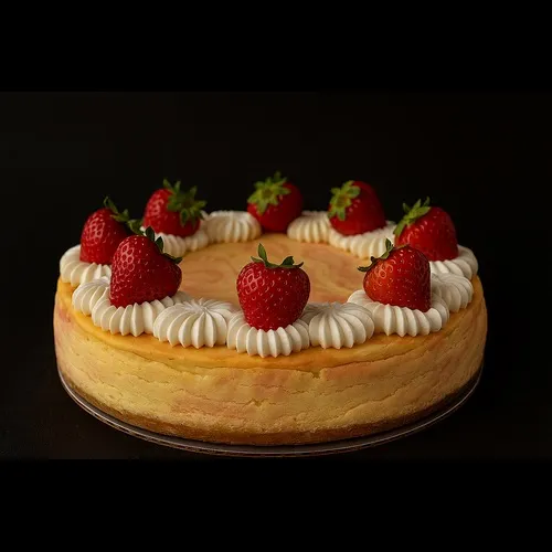 A whole pie of strawberry swirl cheesecake with ripe strawberries on top of icing