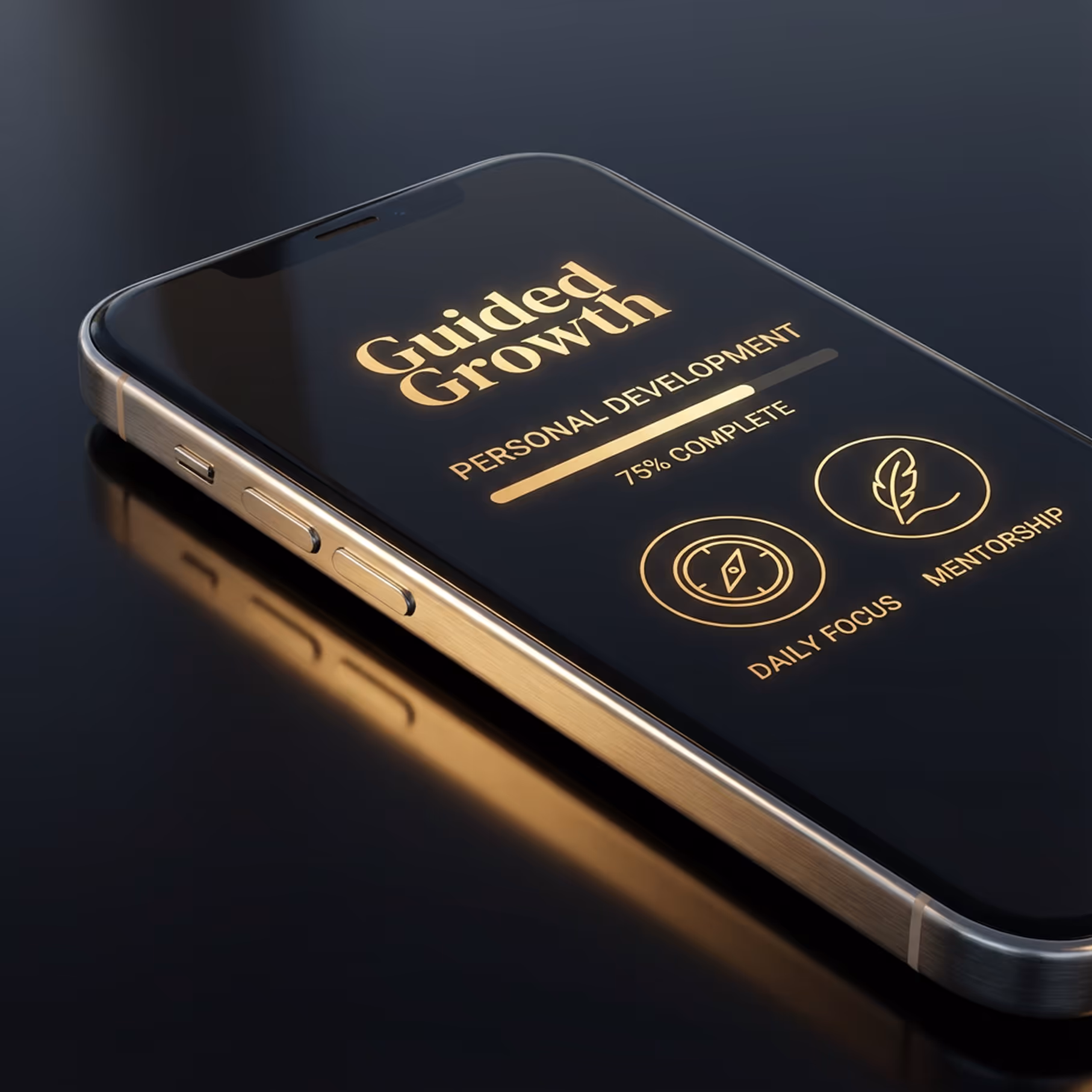 Smartphone mit Anzeige der App Guided Growth, die 75% Fortschritt bei persönlicher Entwicklung zeigt, mit Symbolen für Tagesfokus und Mentoring.