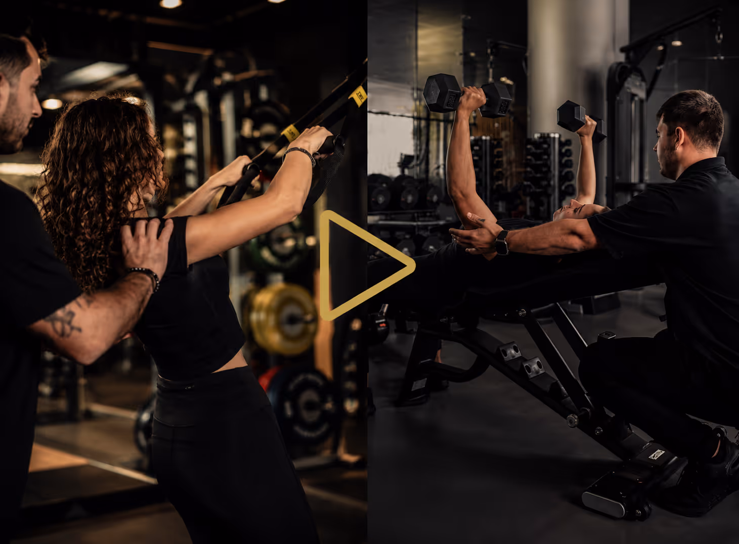 Trainer unterstützt Frau bei Ruderzug am TRX-Band und Mann beim Kurzhantelbankdrücken im Fitnesscenter.