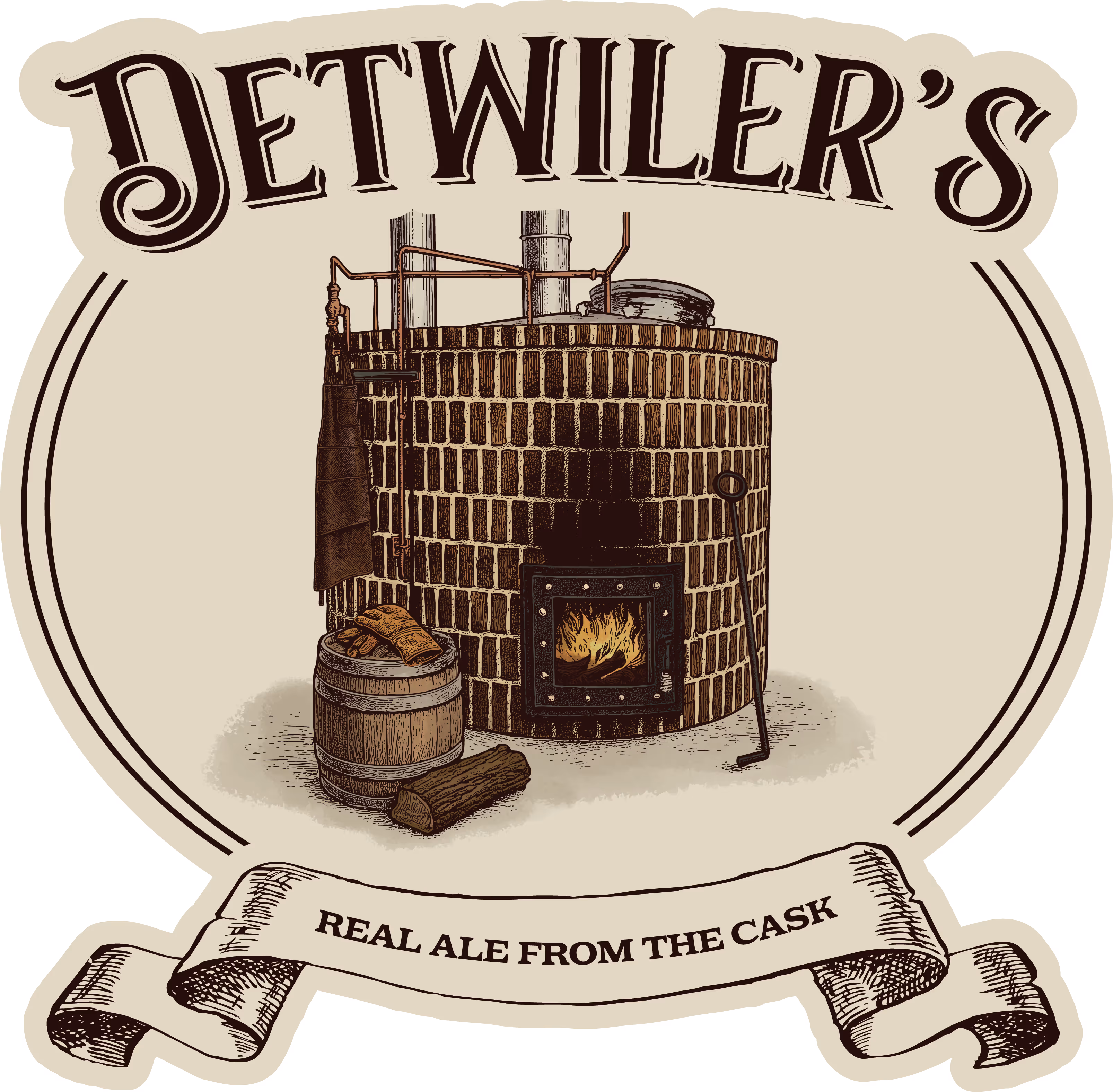 Vintage-style logo for Detwiler's featuring a brick ale cask with a fire inside and a banner saying 'Real Ale From The Cask'.