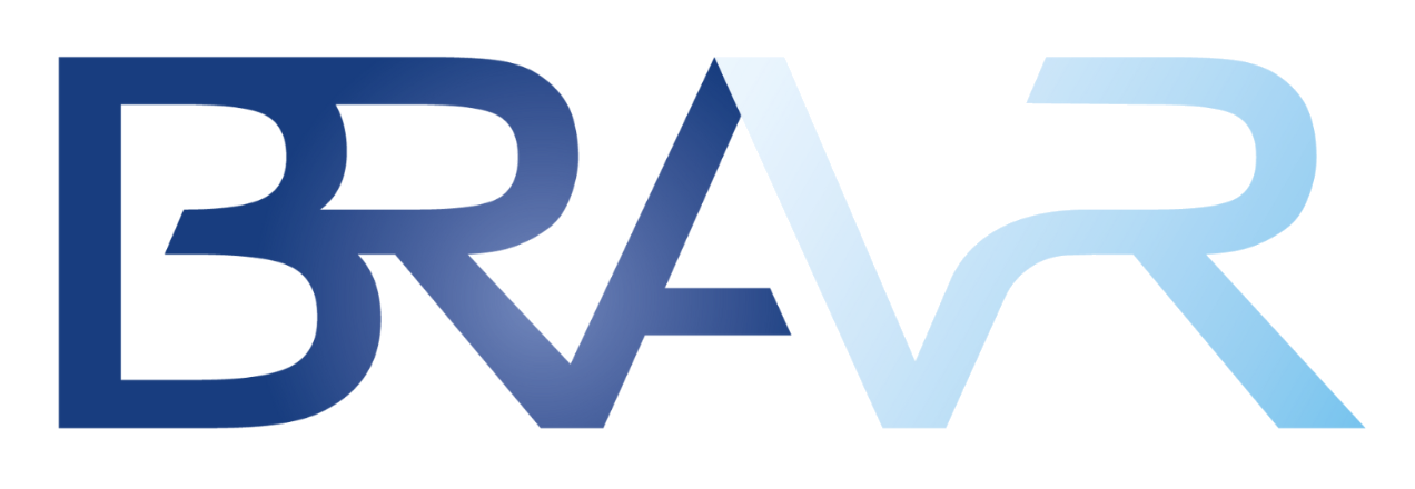 Stylized word 'BRAVR' with gradient blue letters transitioning from dark to light.