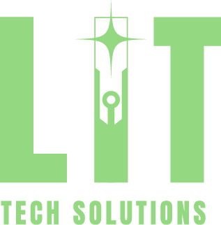 Logo of LIT Tech Solutions with a stylized green letter I featuring a spark and a keyhole.