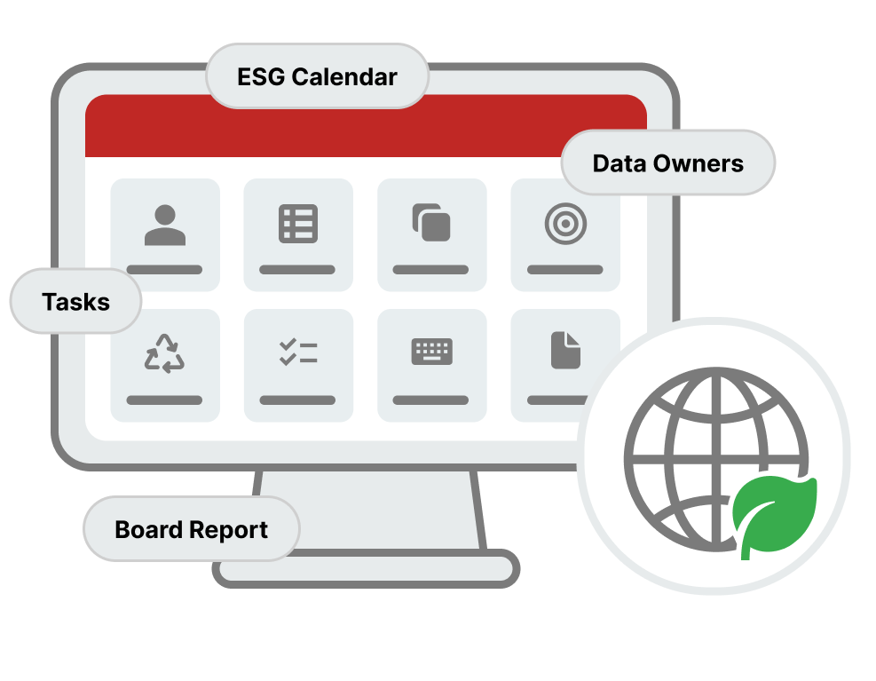 illustration of a computer screen with a simplified version of the user interface, along with icons