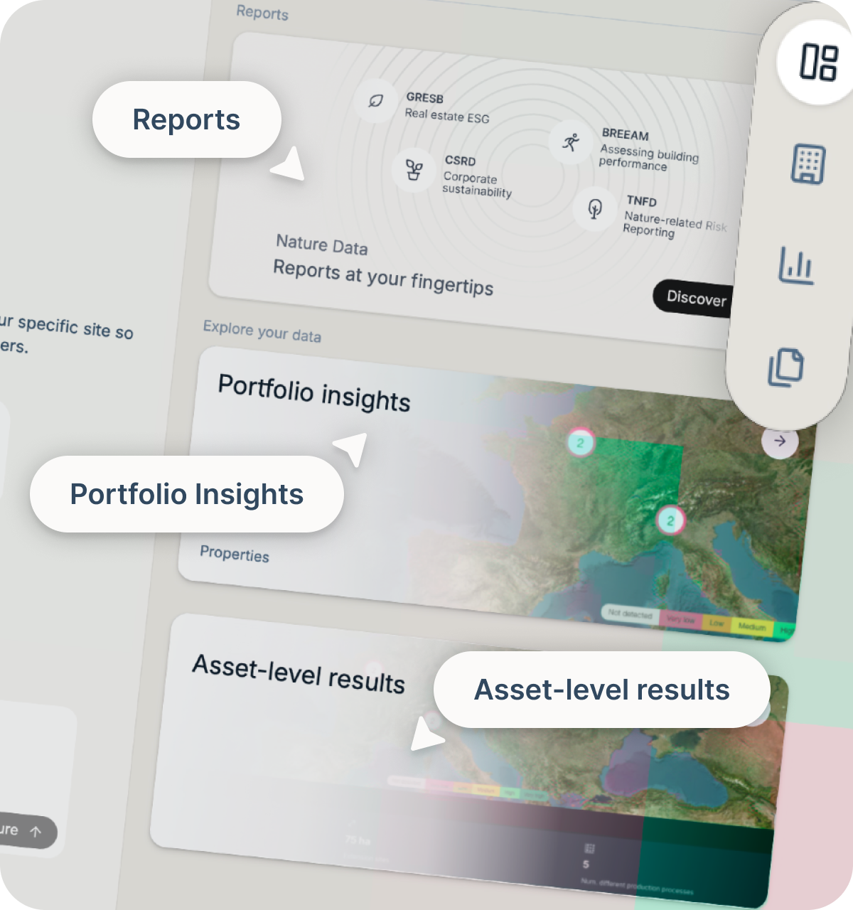 User interface showing dashboard sections titled Reports with ESG and sustainability reports, Portfolio Insights with a map of properties, and Asset-level results with geographic data visualization.
