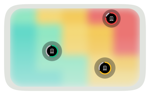 Color-coded heatmap with three black circular icons containing white building symbols, each circle having a colored progress ring in teal, yellow, and red.
