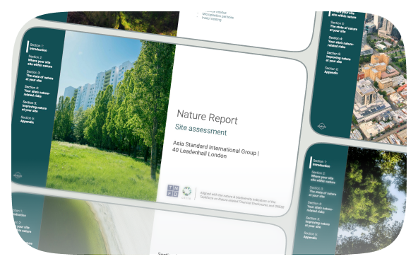 Cover of Nature Report for site assessment by Asia Standard International Group, showing green trees and buildings in the background.