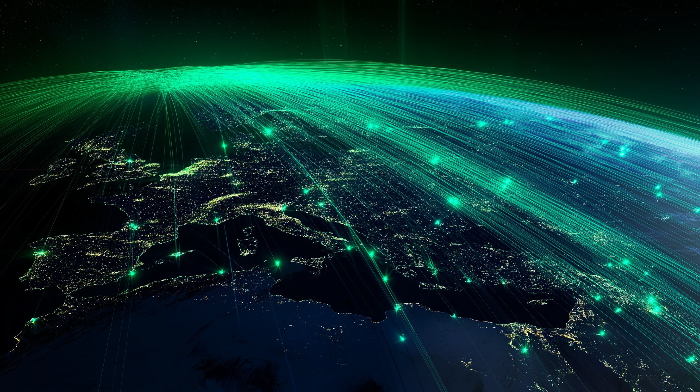 Nighttime satellite view of Europe with glowing network lines indicating global connectivity and data flow.