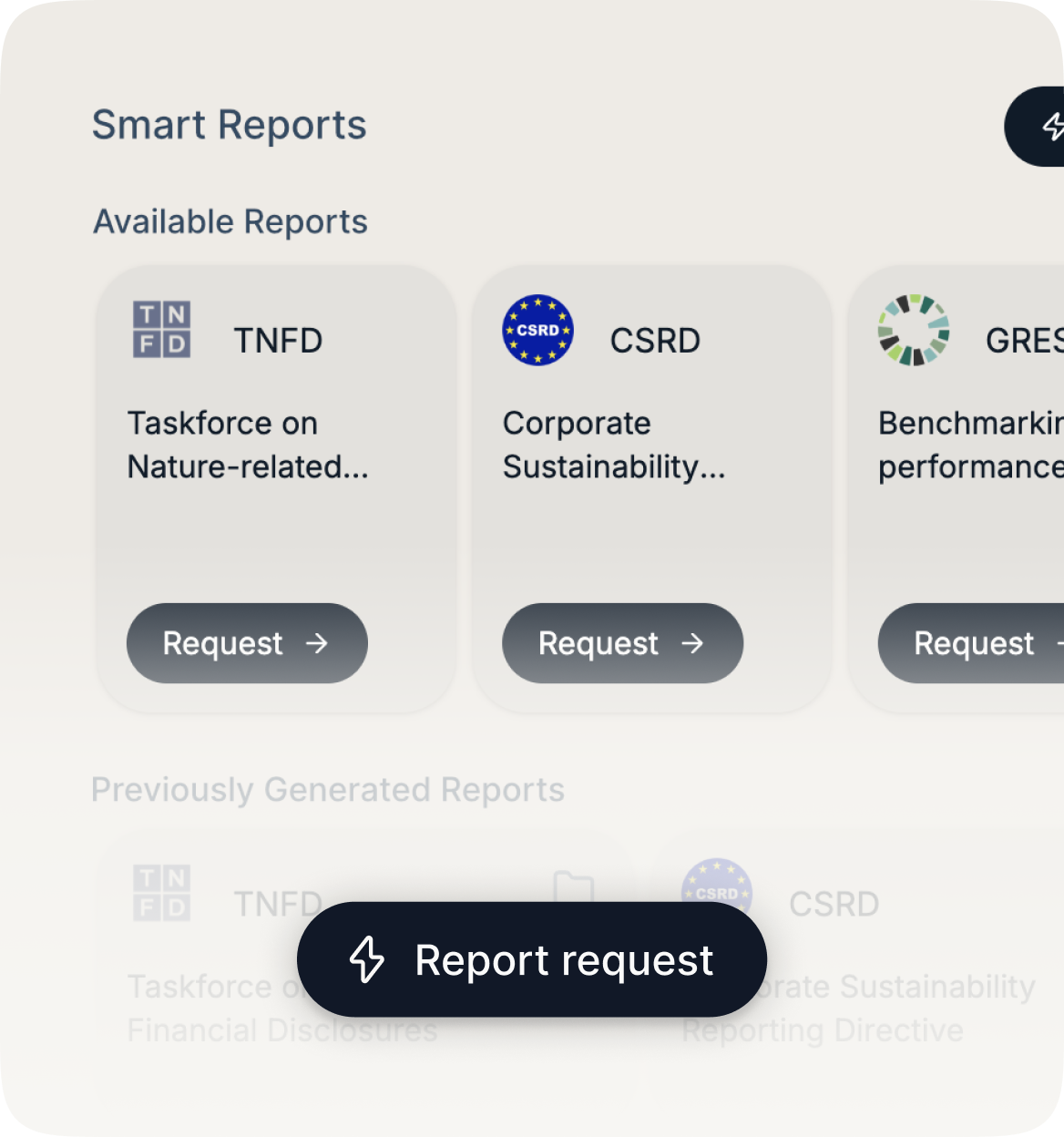 User interface with a button labeled 'Report request' showing export options to PDF and Excel, and a card for Corporate Sustainability Reporting Directive (CSRD).