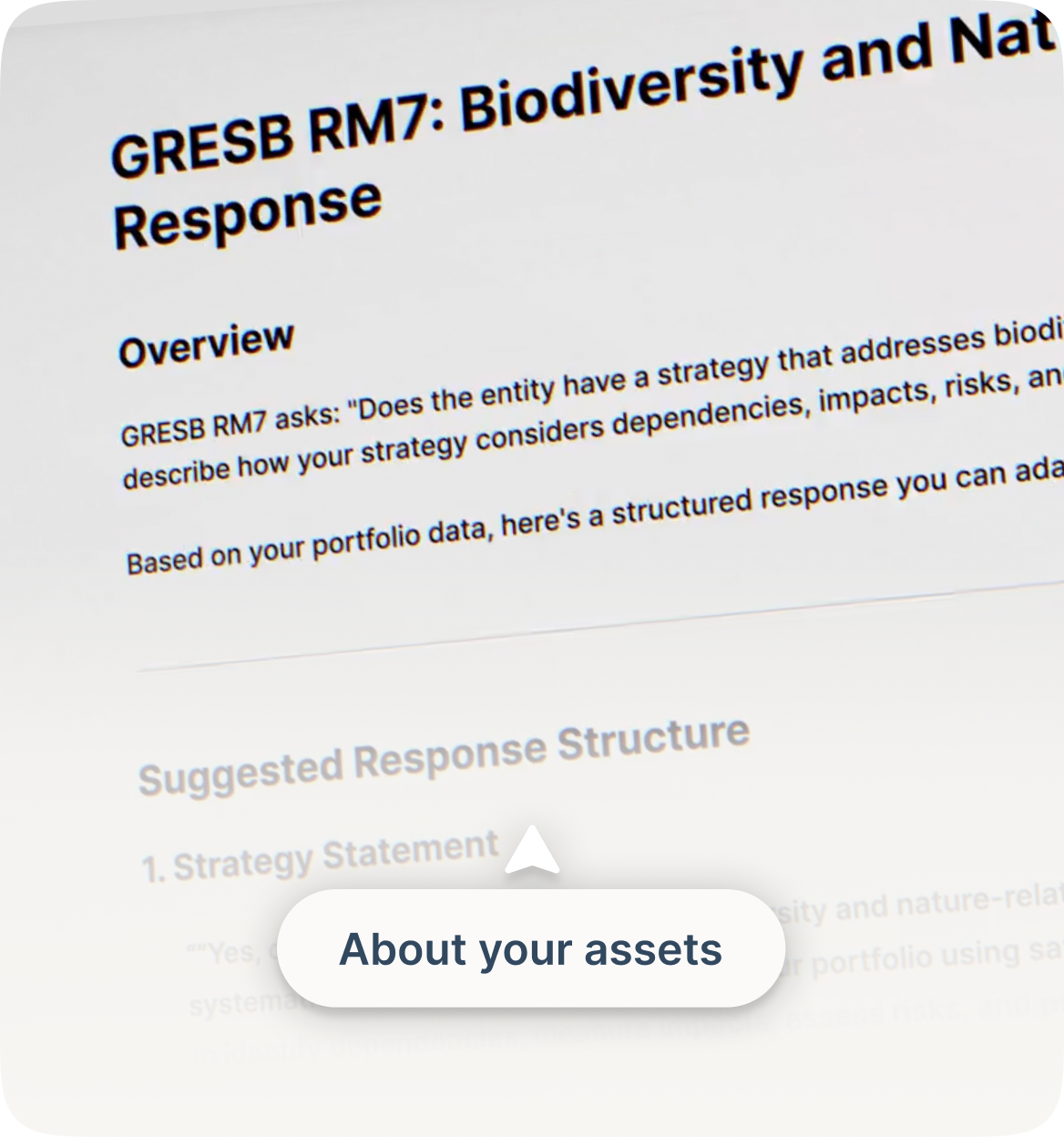 'GRESB RM7: Biodiversity and Nature Response' with an overview describing strategy considerations and a button labeled 'About your assets'.