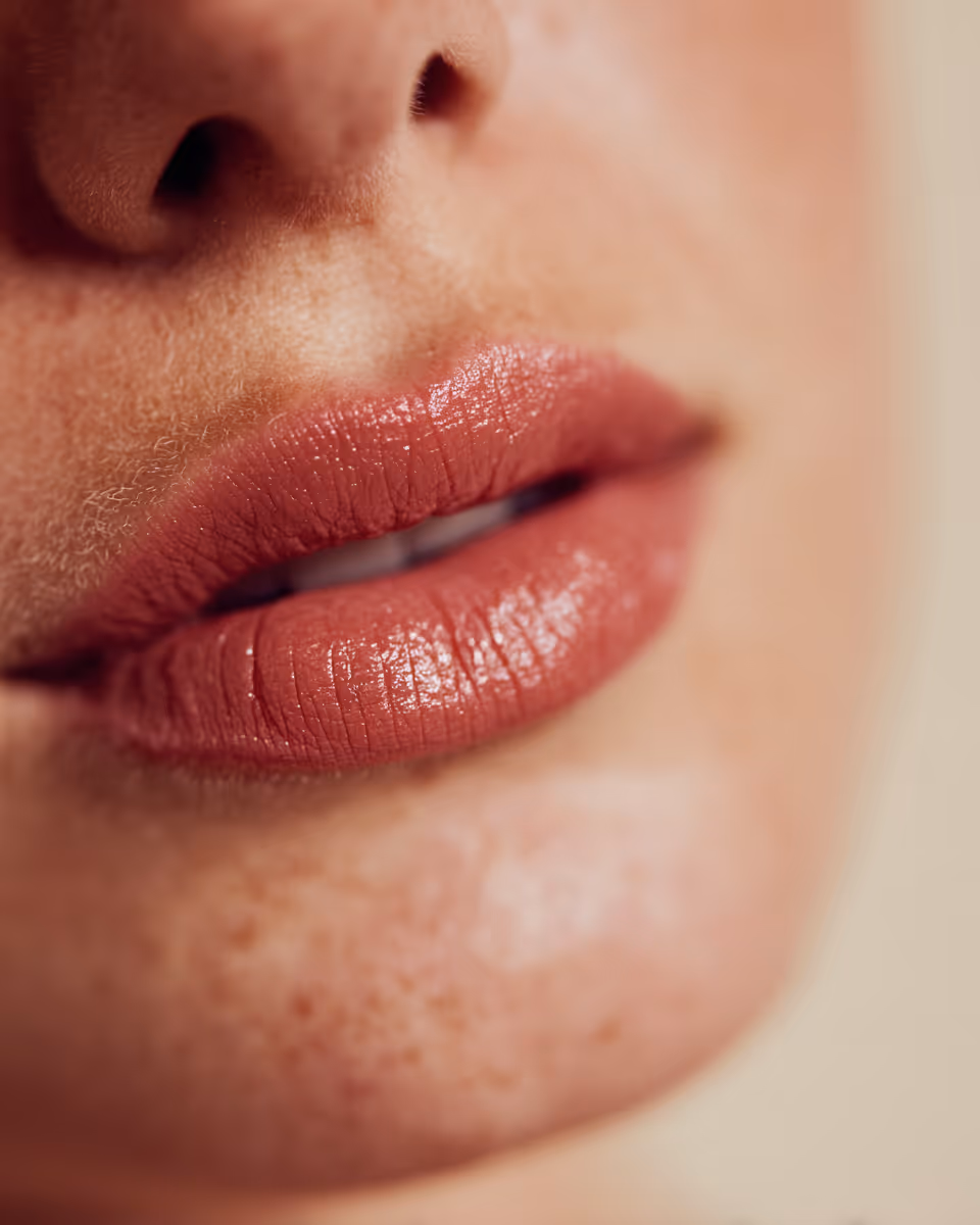 Close-up of lips with glossy mauve lipstick and natural skin texture visible around mouth.