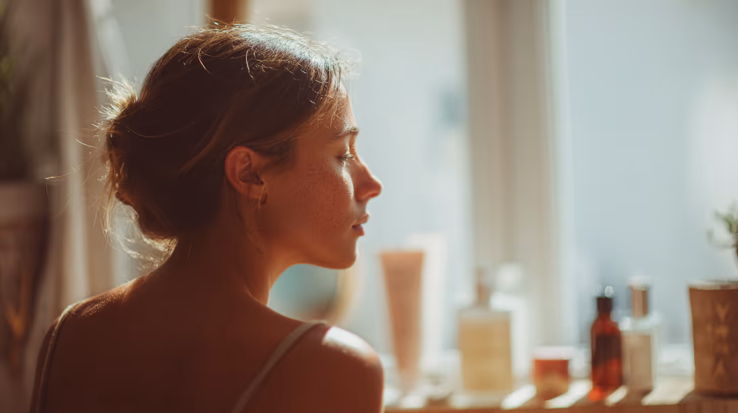 Woman with hair tied back looking towards a sunlit vanity with skincare products.